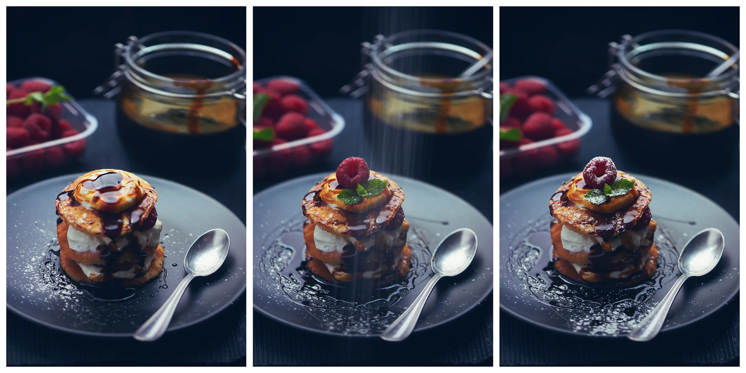 Food Photography Mini-Pancakes with Apple Sauce and Fresh Raspberries