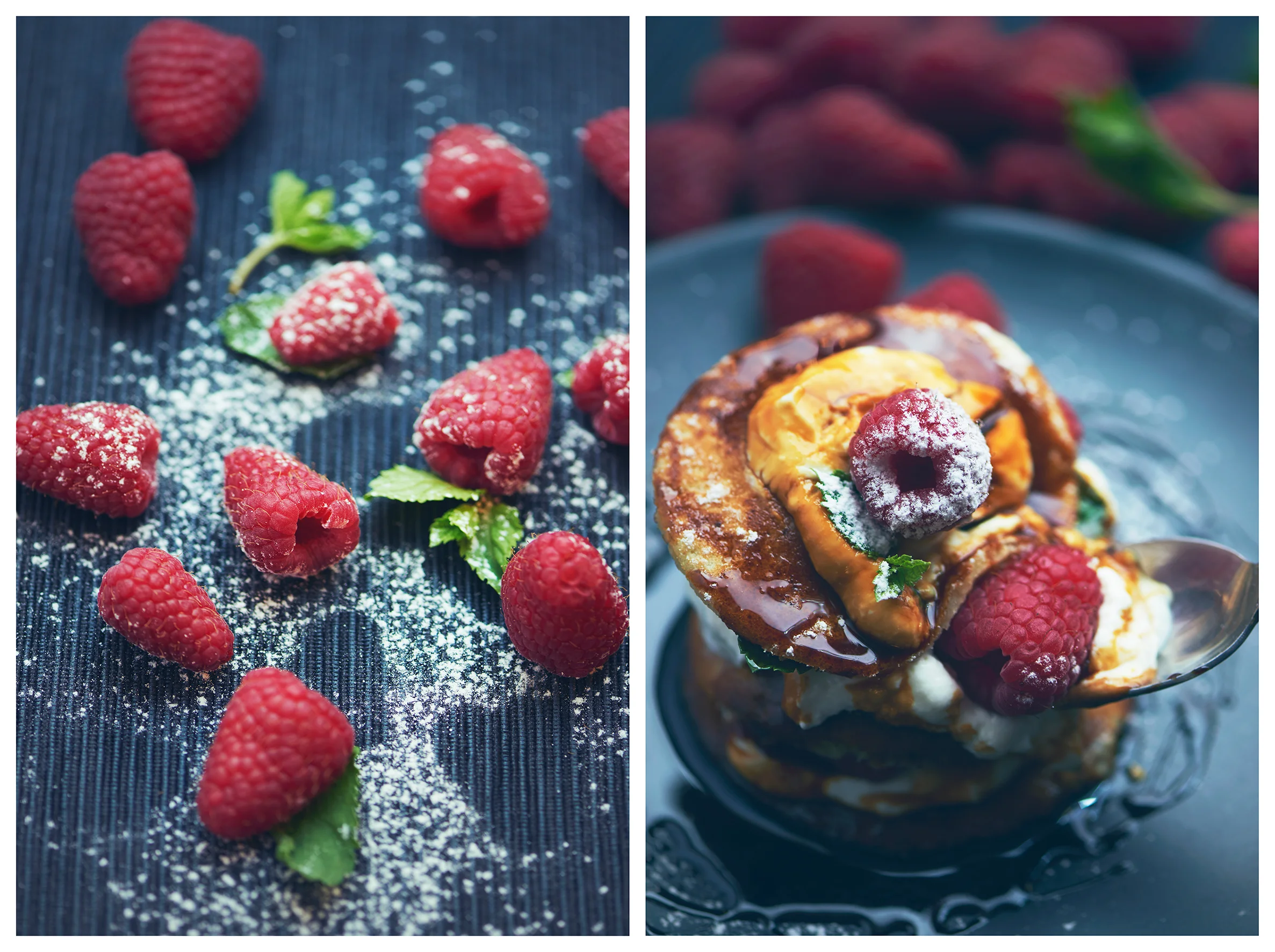 Food Photography Mini-Pancakes with Apple Sauce and Fresh Raspberries