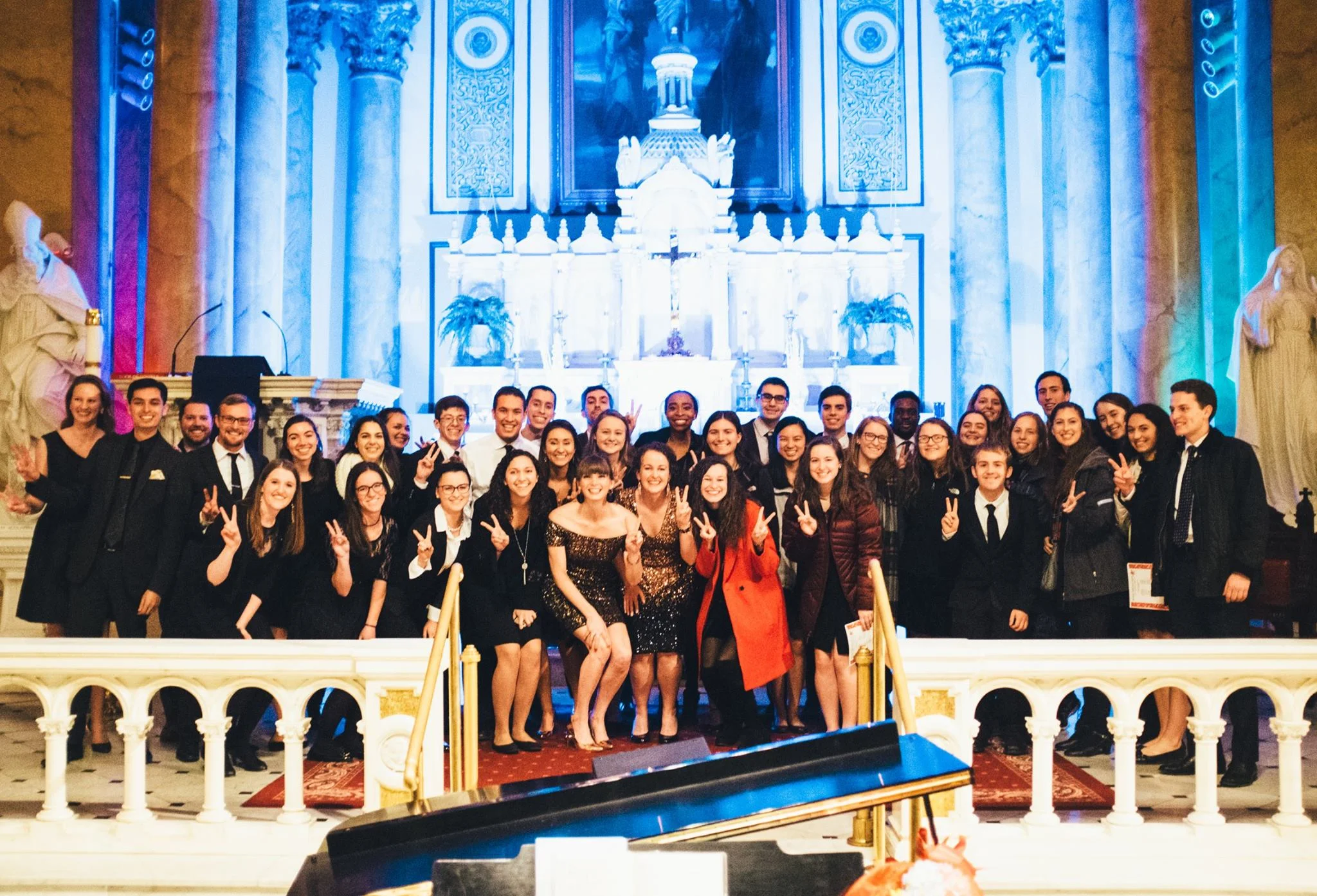 At our Christmas Concert on Saturday, many of the Chamber Choir members were alumni of the Villanova Pastoral Musicians . The VPMs had been in Philly to sing Mass at the Cathedral Basilica of Saints Peter & Paul and came to #RepeatTheSoundingJoy afterward to support Villanova University 's birthplace (and catch up with their alumni buddies!) Here's a fantastic shot of our VPM alumni singers with the group of VPM singers and students!