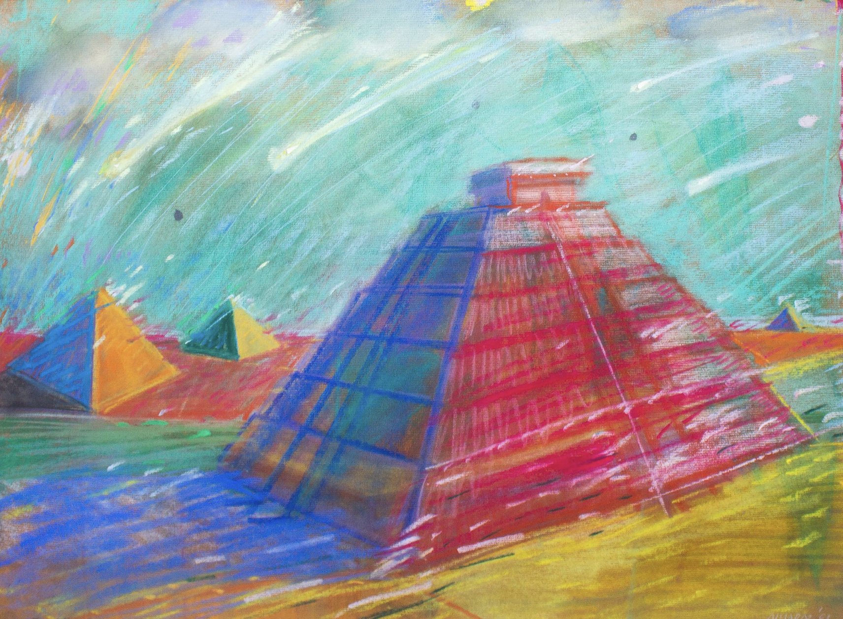  Carlos Almaraz (1941-1989)  Untitled, (Pyramids) , 1981 Pastel on paper Singed/dated on recto Image: 24.5 x 18 inches Framed: 36 x 30 inches 