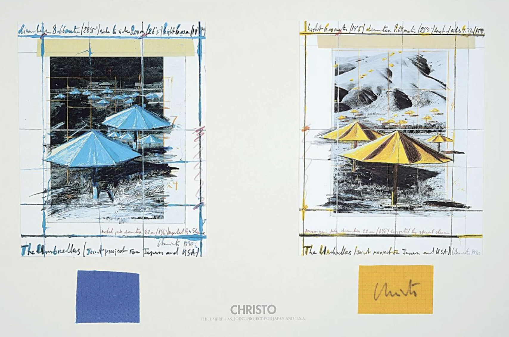  Christo (1935-2020)  Untitled   (Umbrella Project Japan/USA), 1990 Collage poster with fabric Signed on yellow fabric Image: 21 1/2 x 34 inches; Framed: 29 x 41 inches 