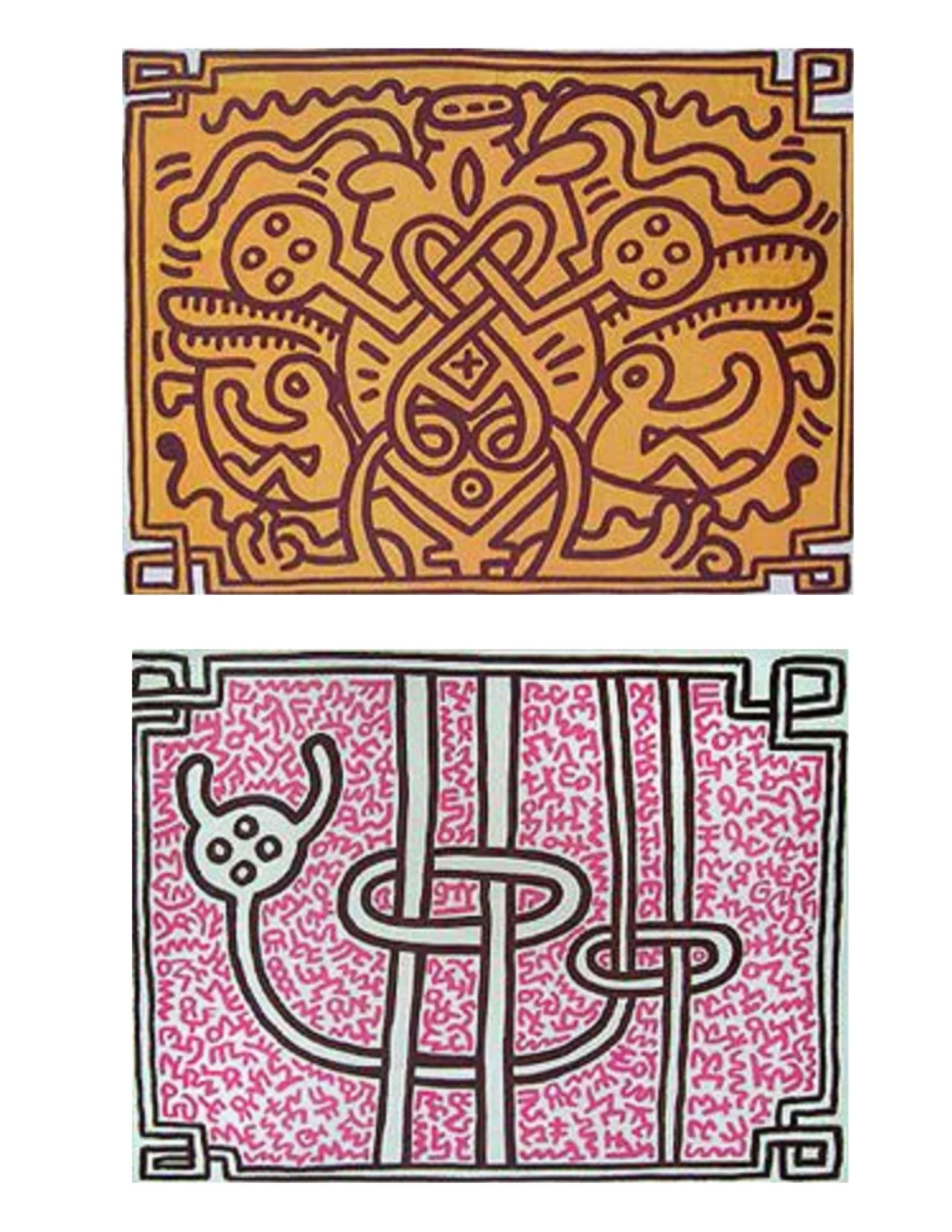  Keith Haring (1958-1990)  (Lot of 2)  Chocolate Buddha; Chocolate Buddha,  1989 Color lithographs Each numbered E.A.12/15 Each signed, dated and numbered in pencil on recto Each Image; 22 x 27 ¾ inches each; Each Framed: 29 ¼ x 35 ¼ inches 