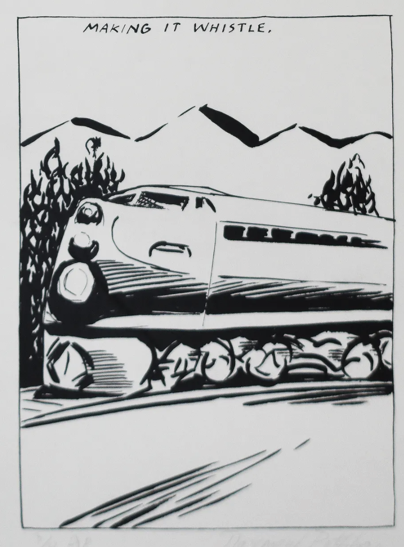  Raymond Pettibon  Making it Whistle,  1990 Silkscreen From the numbered edition of 40 Signed and dated in pencil on recto Image: 28 x 22 inches 