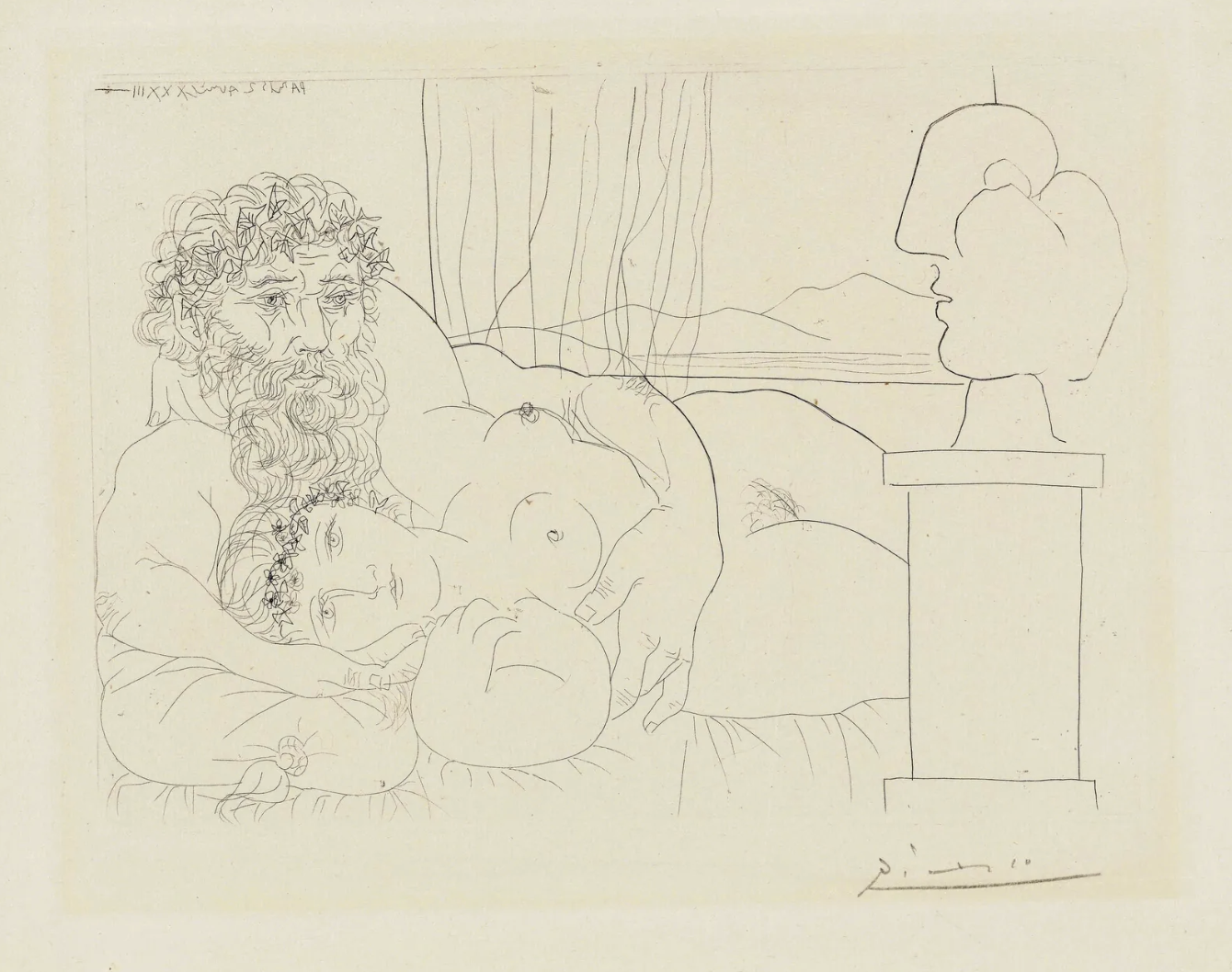  Pablo Picasso    Le Repos du Sculpteur  (Vollard Suite), 1933   Etching   Image: 7 1/2 x 10 ½ inches 