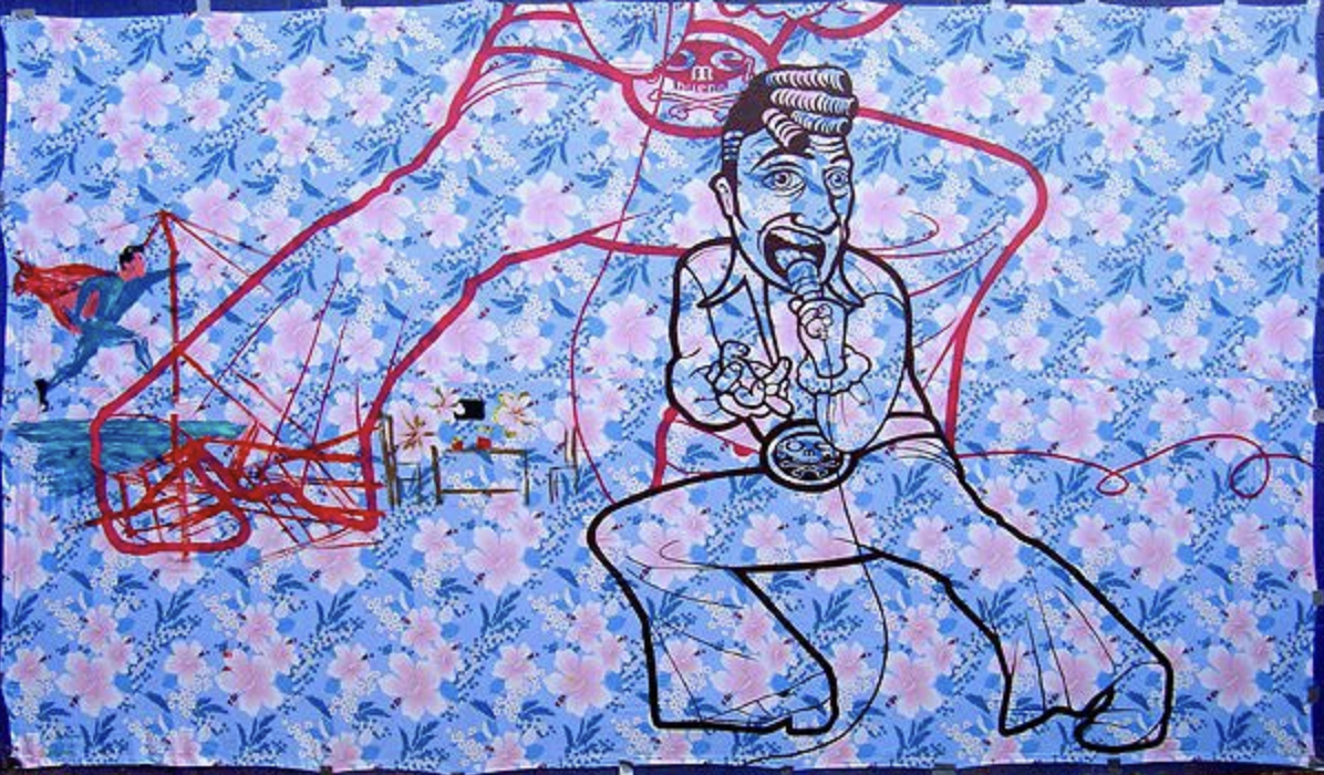  Raymond Pettibon (1957) and Gomez Bueno (1964)   Curro Superman , 2005   Acrylic on fabric  Signed on lower left corner in acrylic on recto  Provenance: Exhibited at Instituto de Cultura de Baja California, Tijuana, Mexico September – October 2005; 