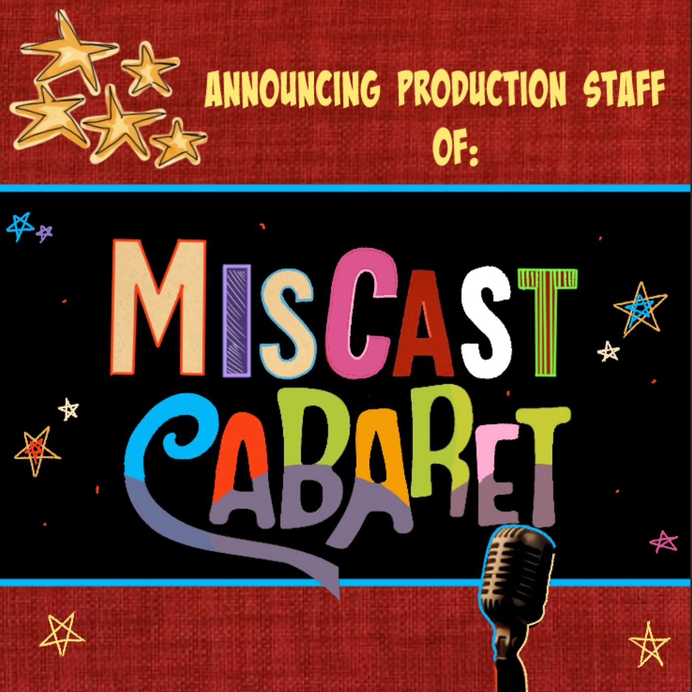 Announcing the Production staff of Cabaret&rsquo;s first Miscast ✨

🎬 Director &mdash; Tyler Blaylock
🎬 Director &mdash; Heather Fitzgerald 
🎬 Director &mdash; Isaiah Rivera 
🎬 Director &mdash; Isa Silva 
💡Lighting Designer - Isa Silva 
🎭 Stage