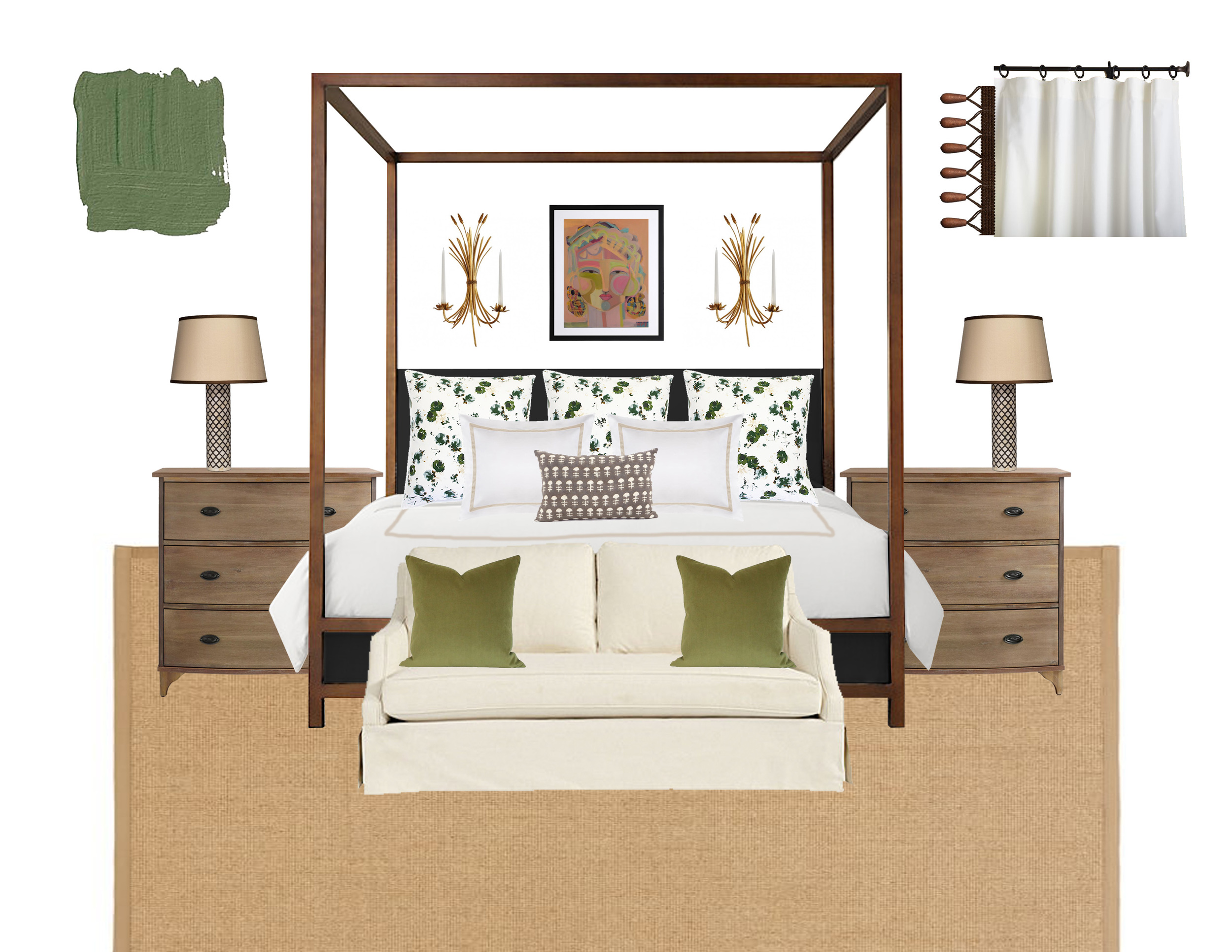 Links: bedding | beige throw pillow | green throw pillows | bed | nightstands | l ove seat | lamps | sconces | art | curtains | rug | paint 