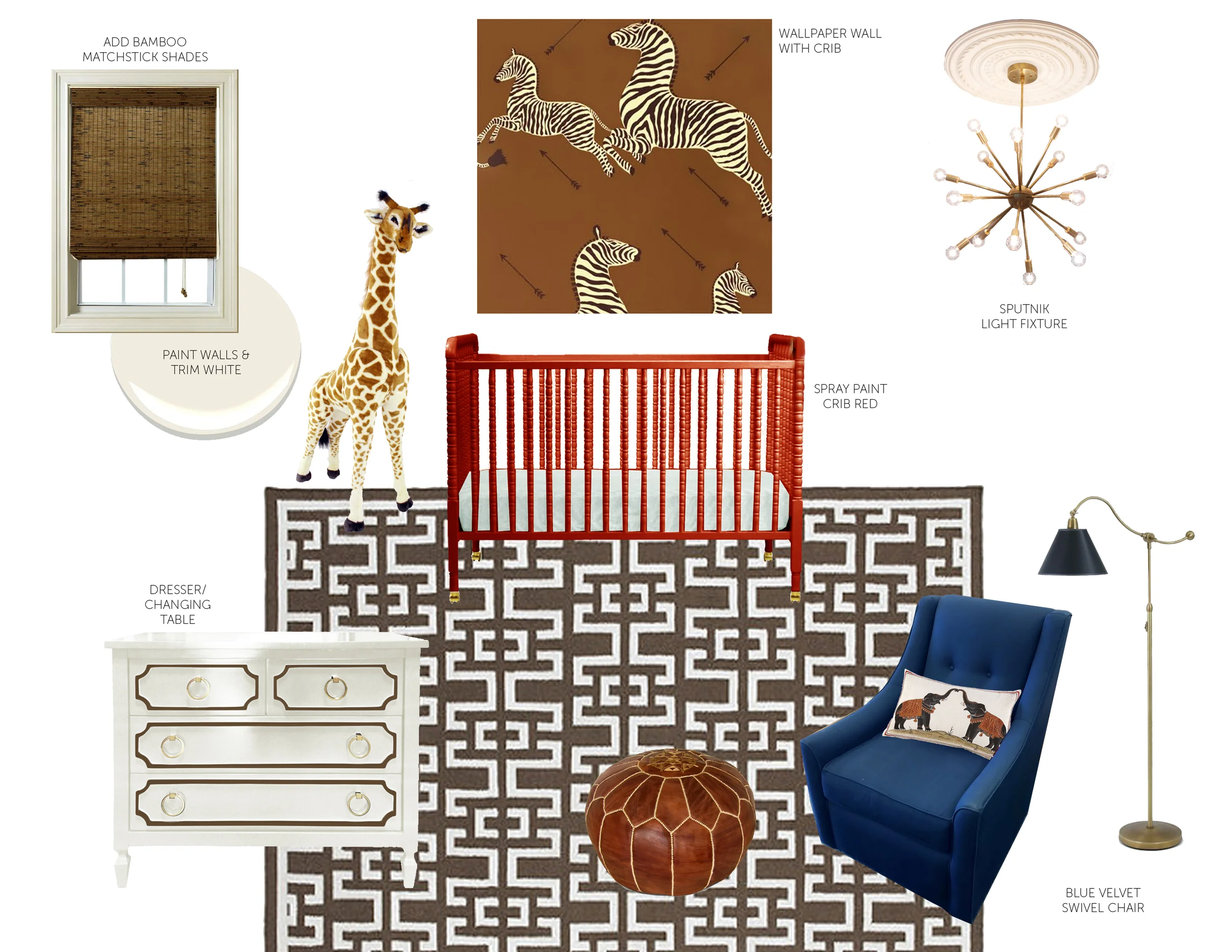 L I N K S : light fixtue | dresser/changing table | rug | pouf | floor lamp | crib | wallpaper | glider | throw pillow | crib sheet | giraffe 
