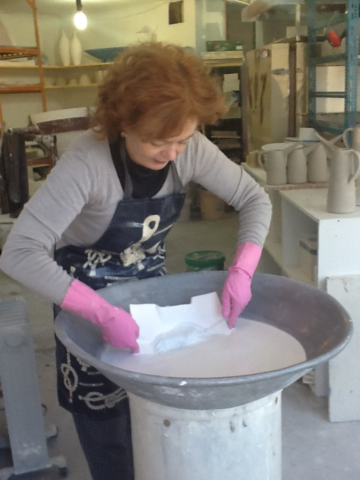 Glazing a crushed paper bowl