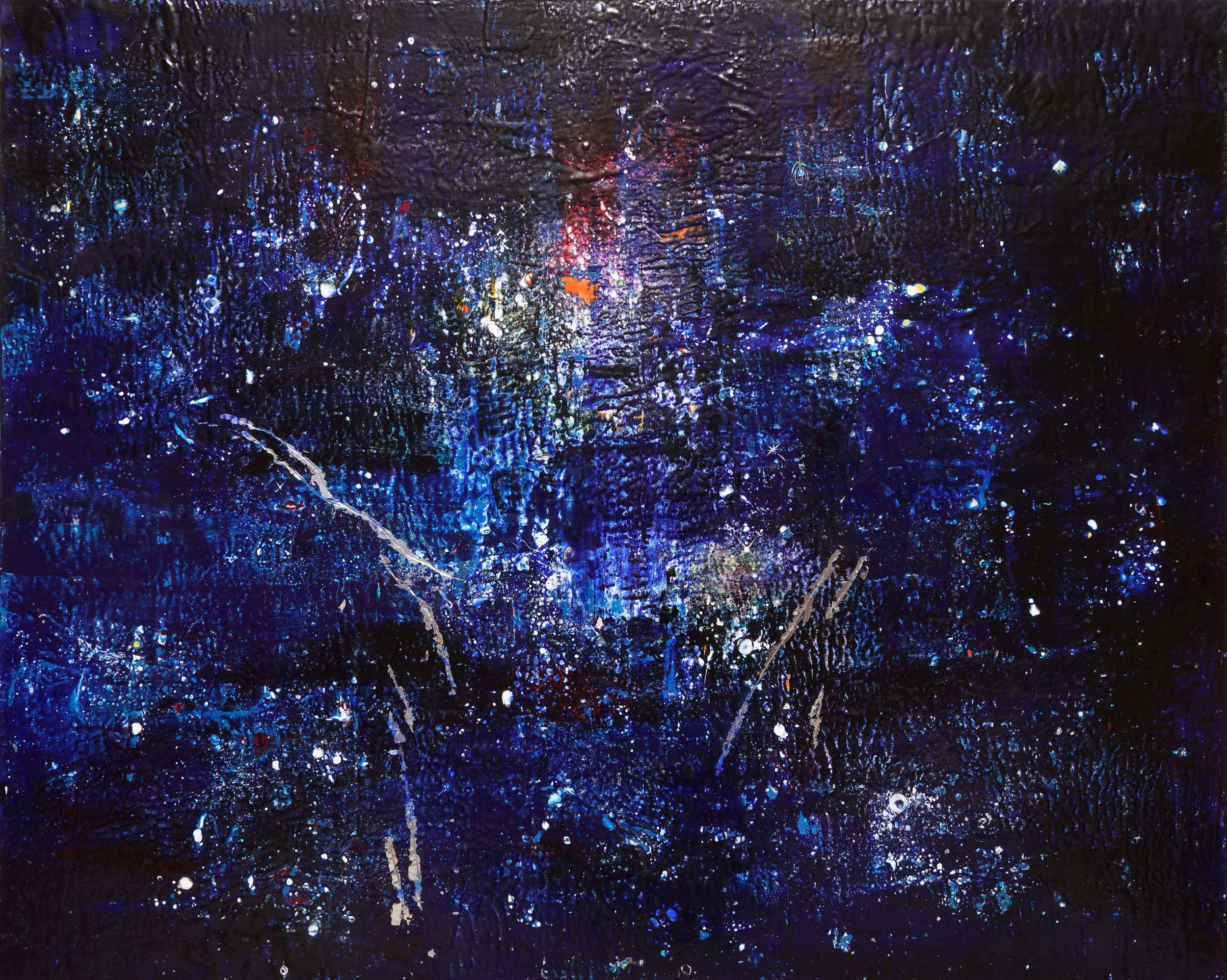    Dark Nebula  , 2018 Encaustic and mixed media on wood panel 48 x 60 x 3 in. 