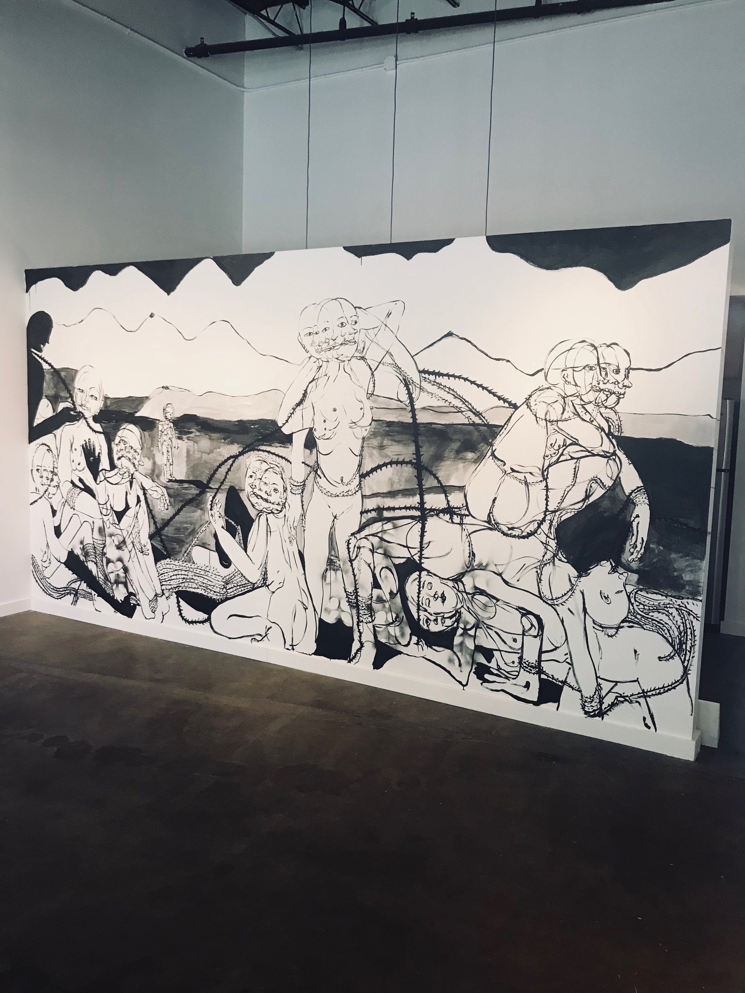    The bathers, bathing  , 2018  Ink wash and spray paint on drywall  96 x 180 in. 