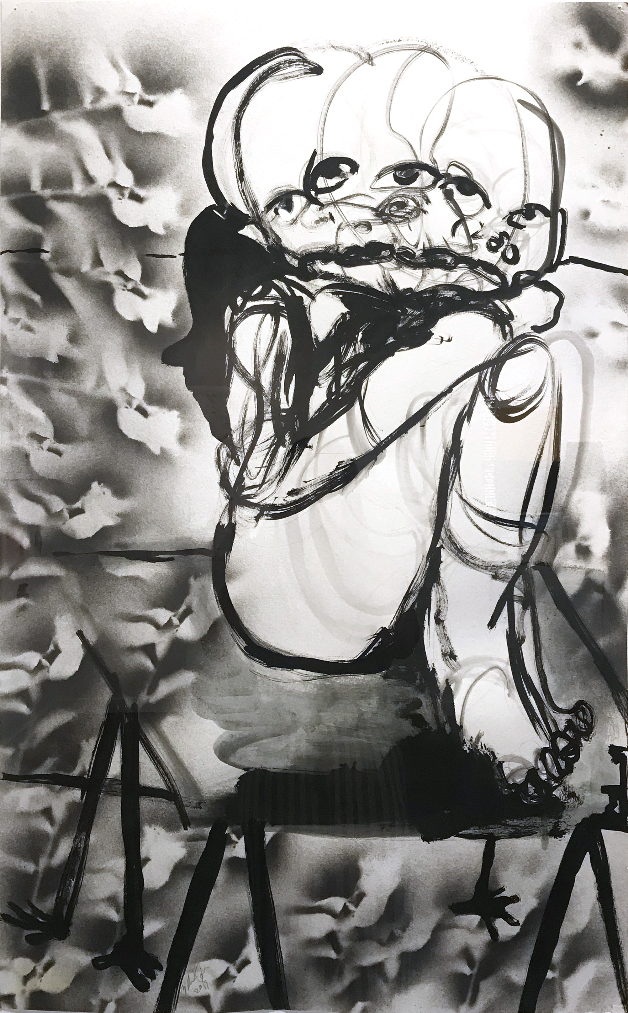    Drawing spirits all night  , 2019  Ink wash and spray paint on paper  38 x 23.50 in. 