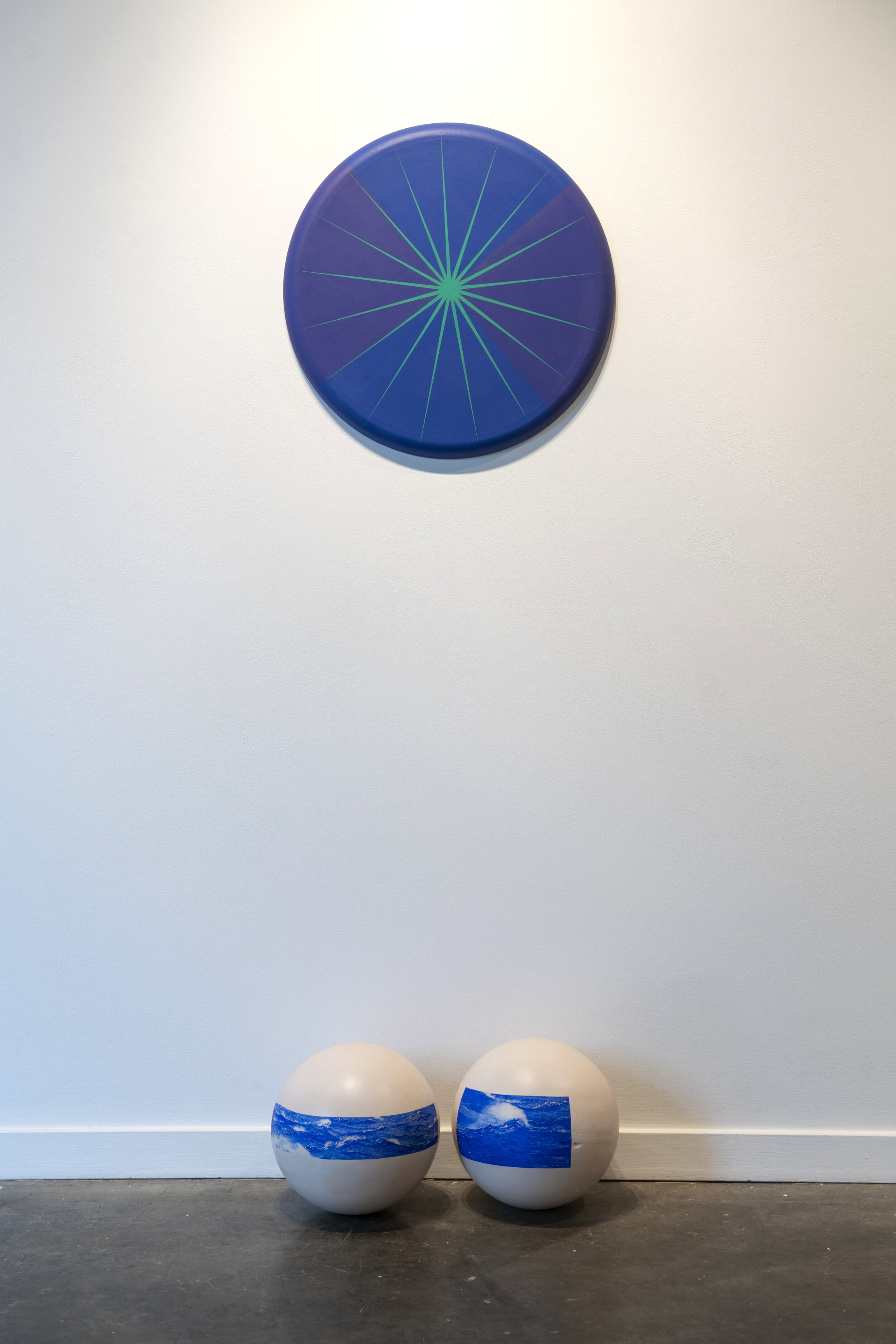 Landscape With Spheres, 2019 Acrylic and gouache on 24 in. diameter and (2) 12 in. diameter plaster sphere