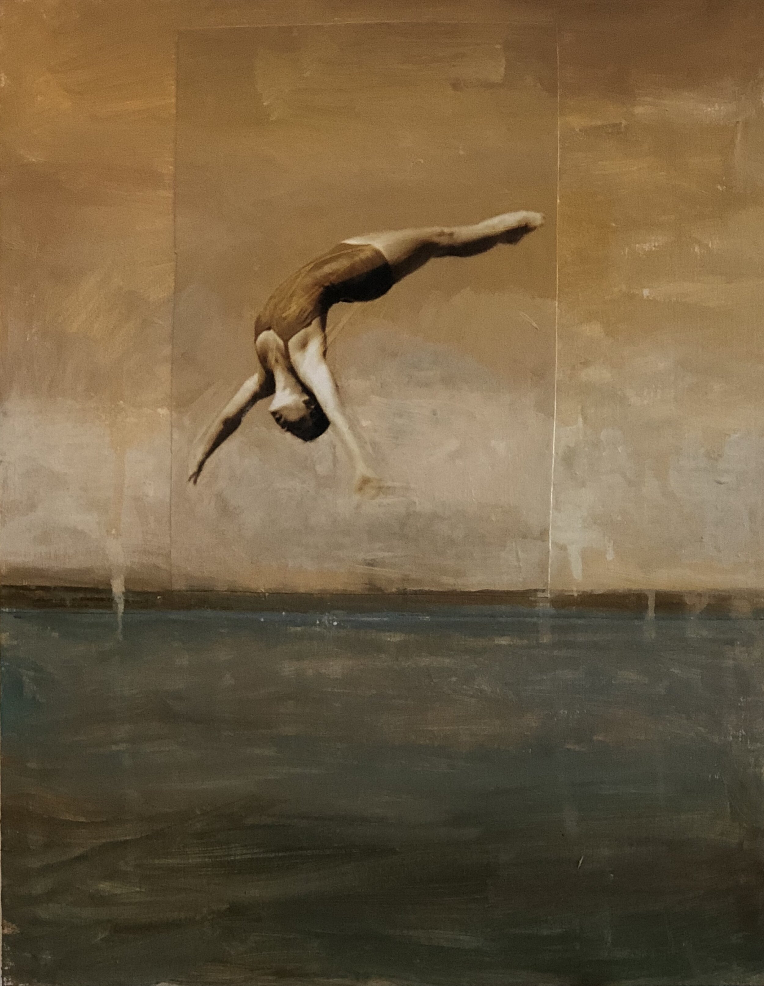    Diving Figure  , 2019  Oil with collage  12 x 9 in. 