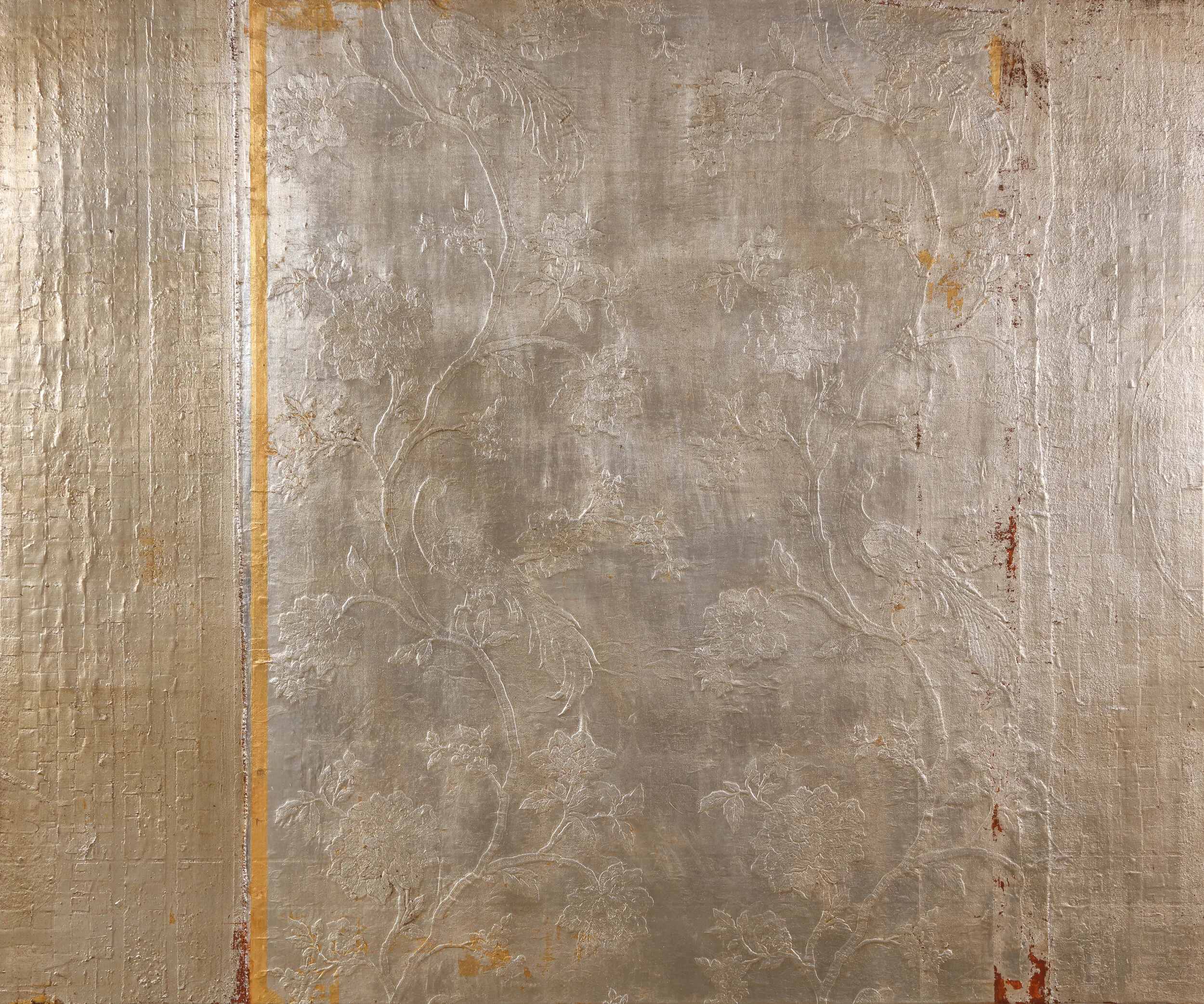    Where the Sea Used to Be  , 2016-2019  Oil, white clay, red clay, graphite, composition silver leaf, composition gold leaf, silk fabric, and silk embroidery on canvas  60 x 72 in. 