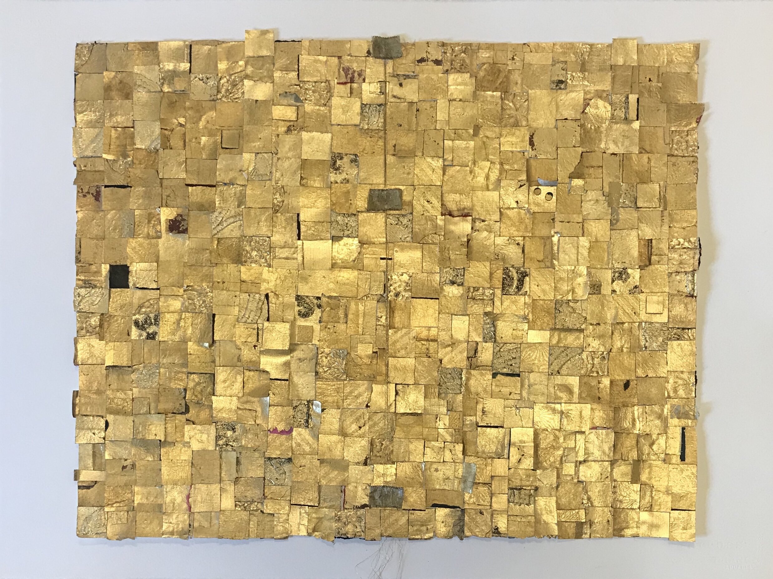  Donna Mintz   Untitled (gold pages),   2020 Collage of found and personal papers, antique French ribbon, 23K gold thread, and composition gold leaf on Arches paper 22.5 x 30 in. YIMBY price $2,000   SOLD  