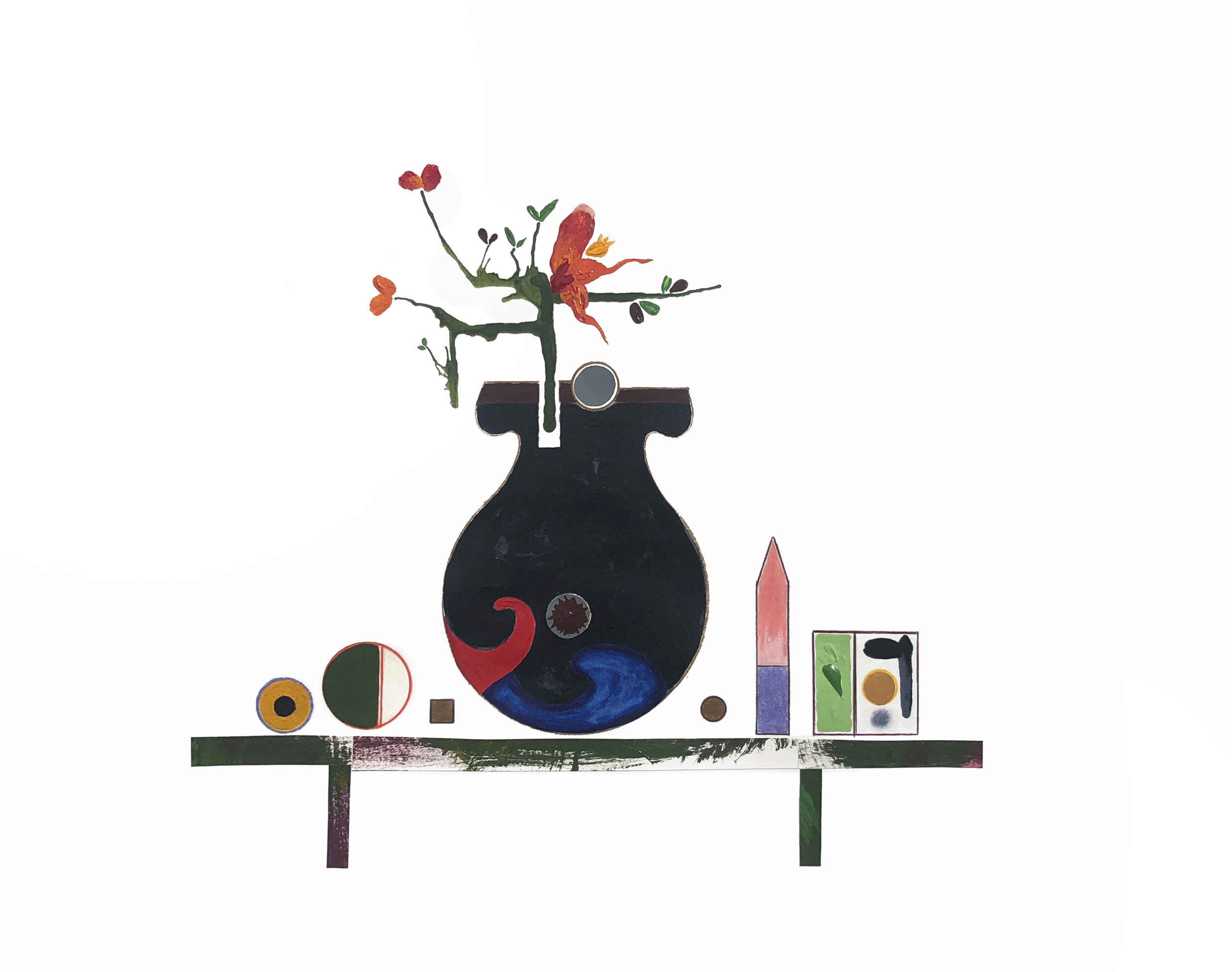    Green table with Black, Red, and Blue Vase + Exotic Bloom  , 2016  Mixed media on paper  18 x 24 in. 