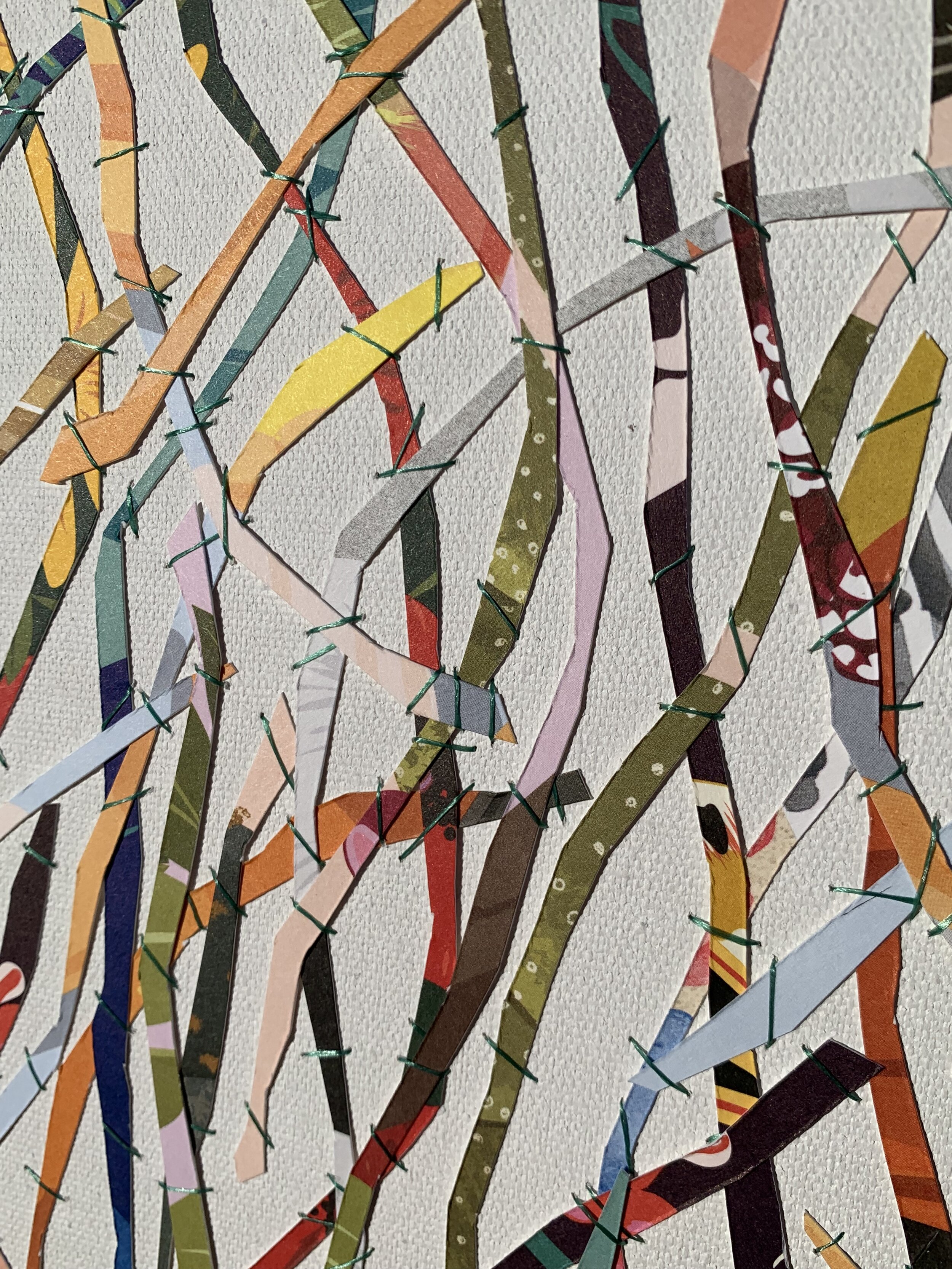   Detail of  Tempus Anima Rei 12.1  , 2019  Collage and thread on canvas  40 x 16 in. 