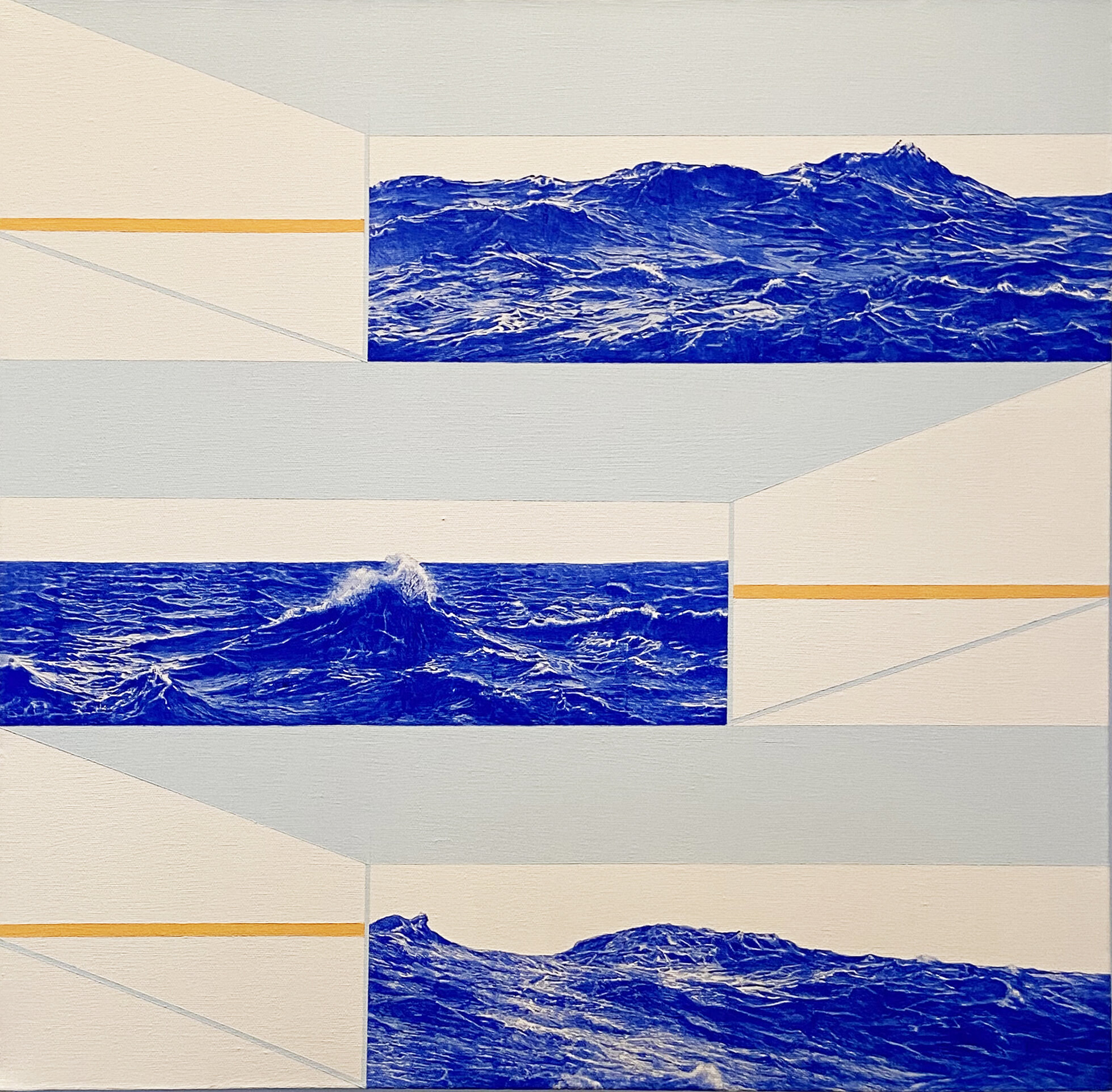 screenprints of blue waves on canvas