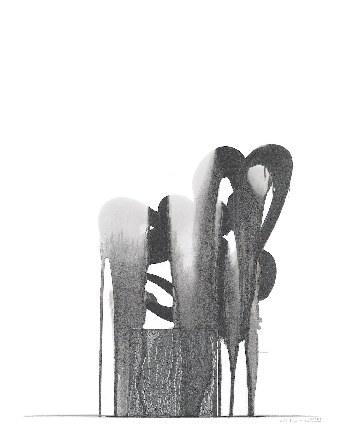    Mini Drip Figure on Plinth #27  , 2021  Metallic graphite oil on Yupo paper  20 x 16 in. 