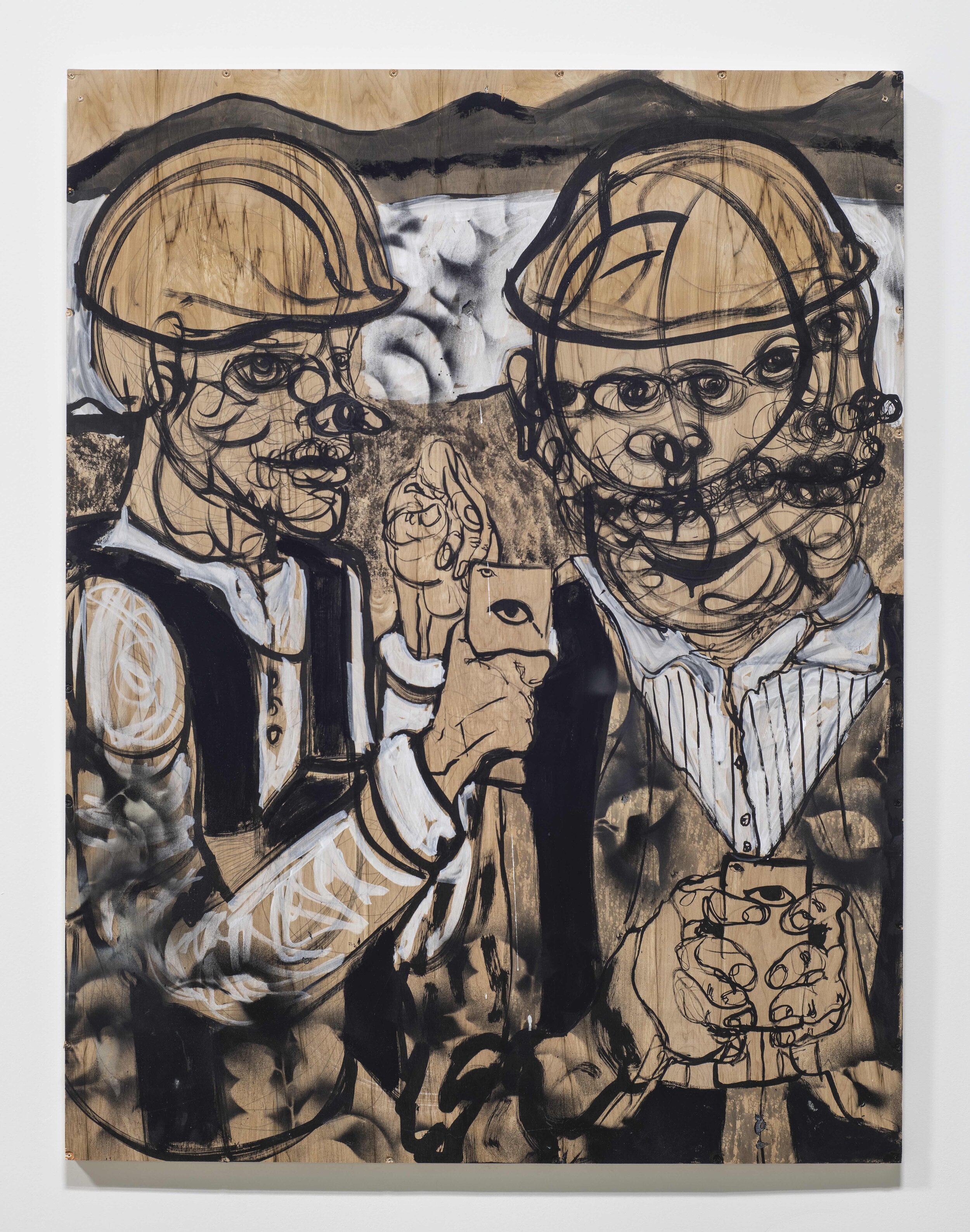    Technology Workers  , 2020  Ink wash, glitter, and spray paint on panel  53.5 x 41 in. 