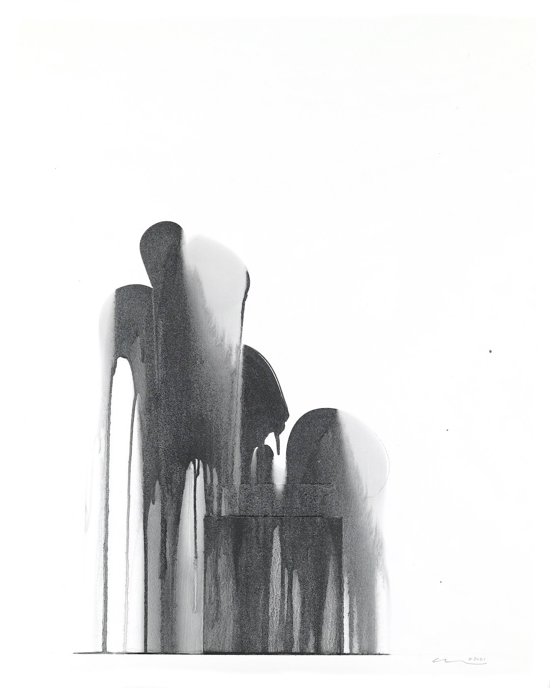    Drip Figure on Plinth #33  , 2021  Metallic graphite oil on Yupo paper  20 x 16 in. 