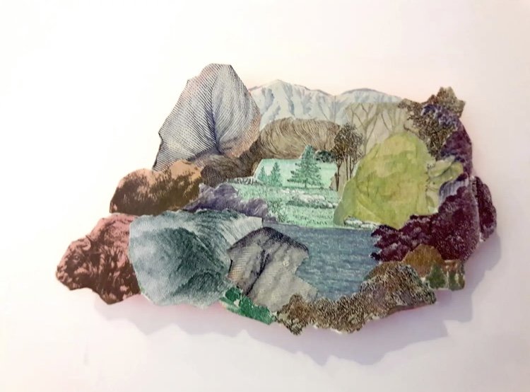    Island of Refuge (GreenPinesVeinMountain)  , 2019  Devalued currency collage on paper  11 x 14 in. 