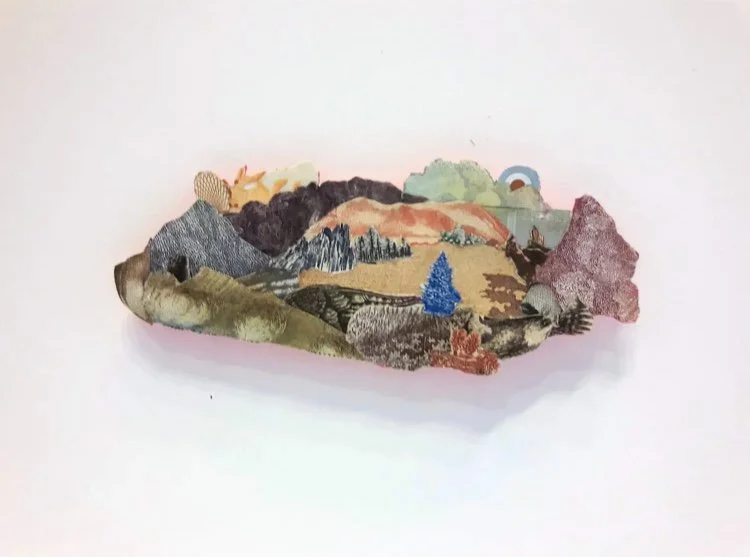    Island of Refuge (BlueTreeBullseyeSun),   2018  Devalued currency collage on paper  11 x 14 in.  