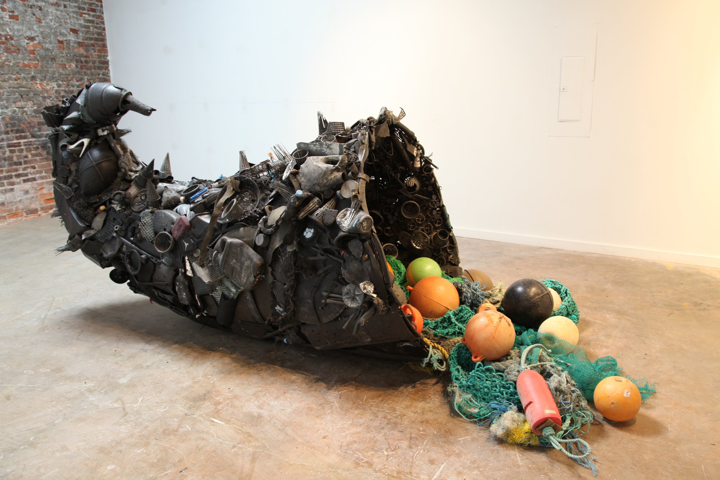    Bounty, Pilfered  , 2015  Ocean plastic from Alaska, Greece, Hawaii, Costa Rica, and the Gulf of Mexico; steel armature, driftnets, and floats from the N. Pacific Gyre  136 x 84 x 54 in. 