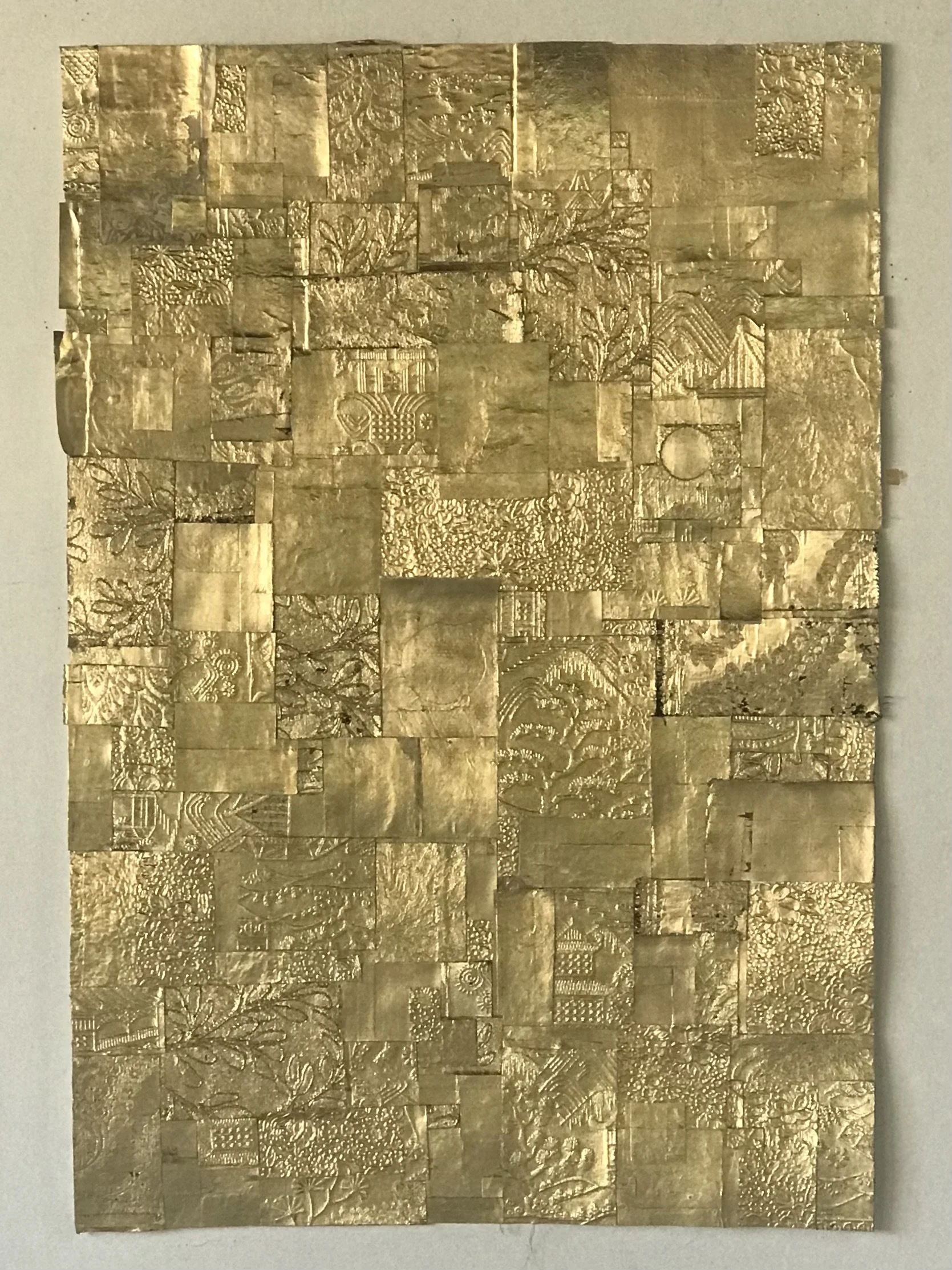    untitled (chasse.03)  , 2022  gold leaf, collage on paper  44 x 30 
