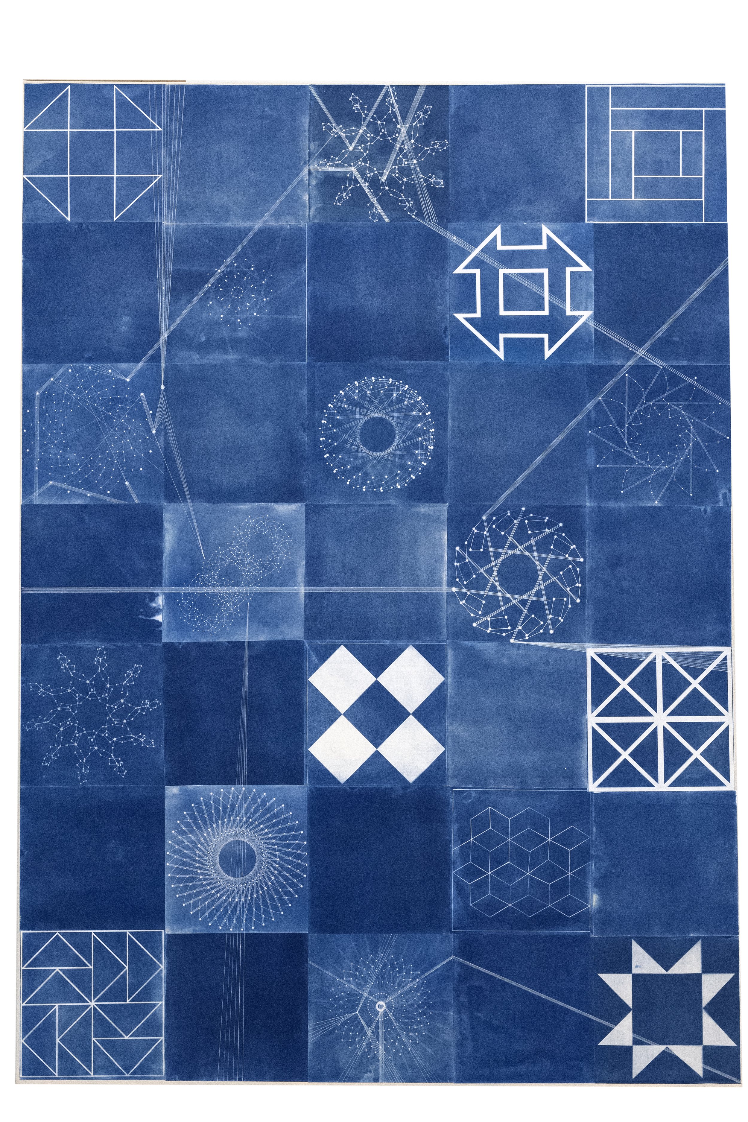    Modular Quilt, 2023    Cyanotype, pen, ink, watercolor paper on canvas  84 x 60 in 