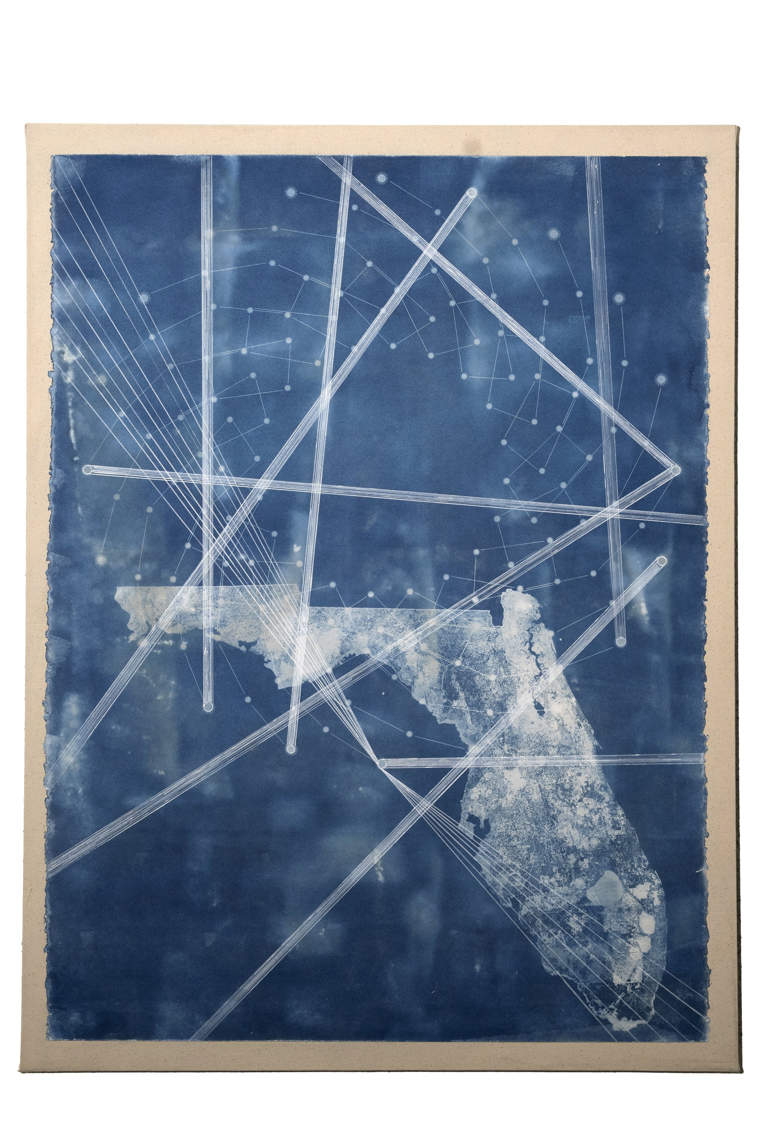    Florida, Celestial Route E0023    Cyanotype, pen, ink, watercolor paper on canvas  32 x 24 in   