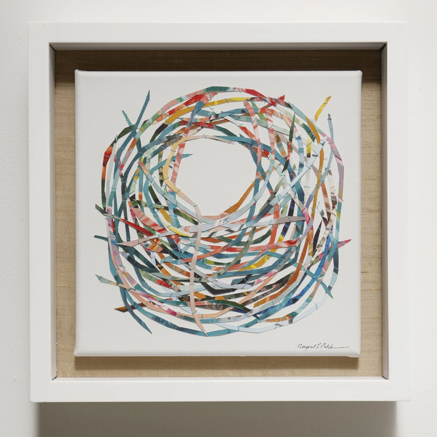    Untitled  , 2025  Sewn paper on silk panel  13 × 13 in. 