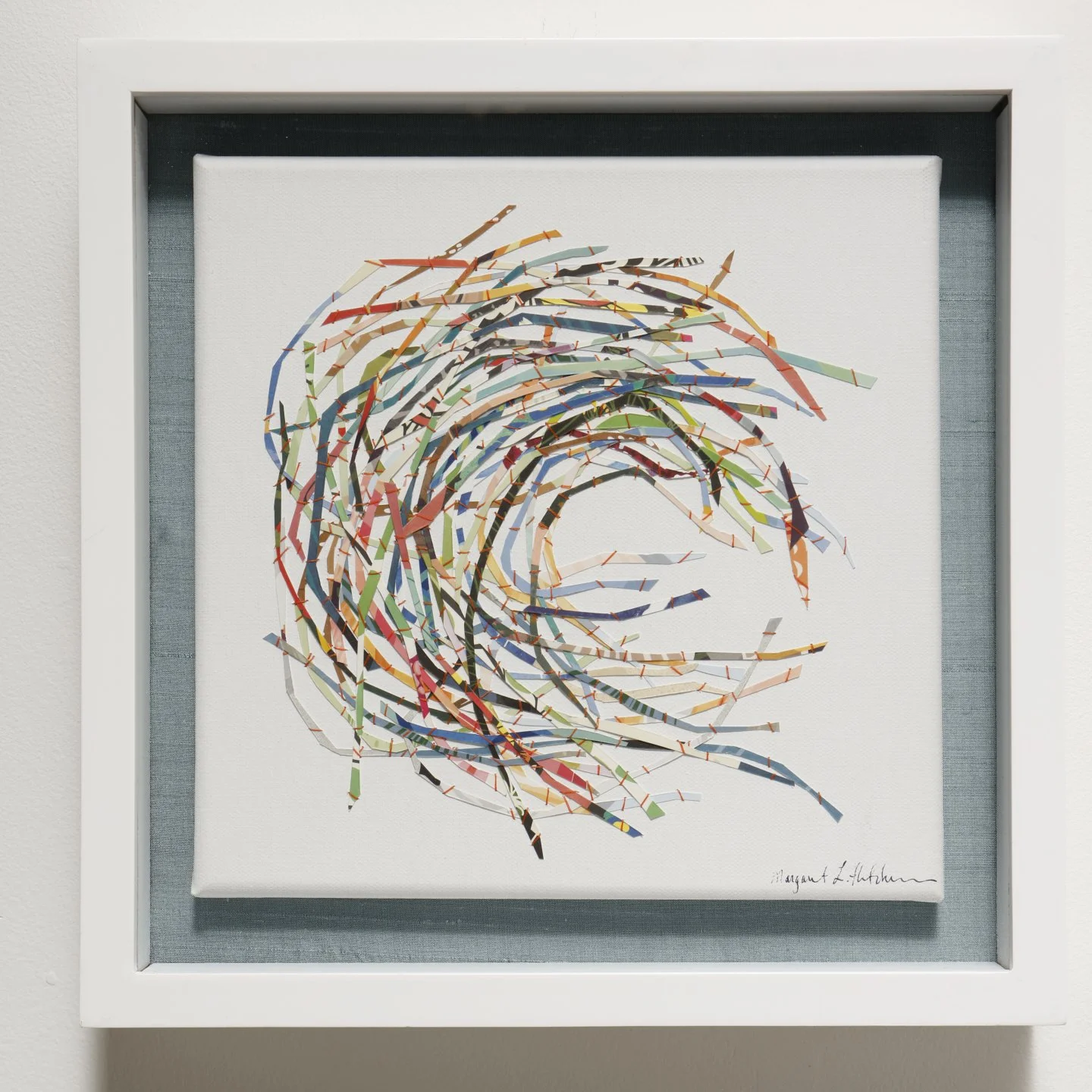    Untitled  , 2025  Sewn paper on silk panel  13 × 13 in. 