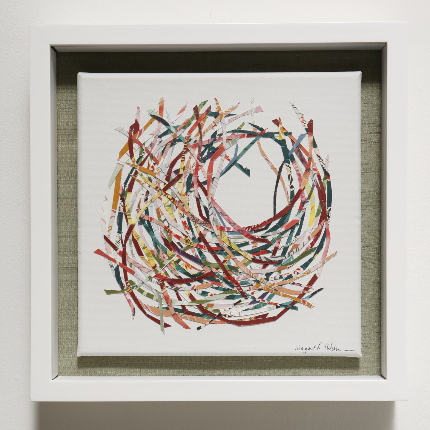    Untitled  , 2025  Sewn paper on silk panel  13 × 13 in. 