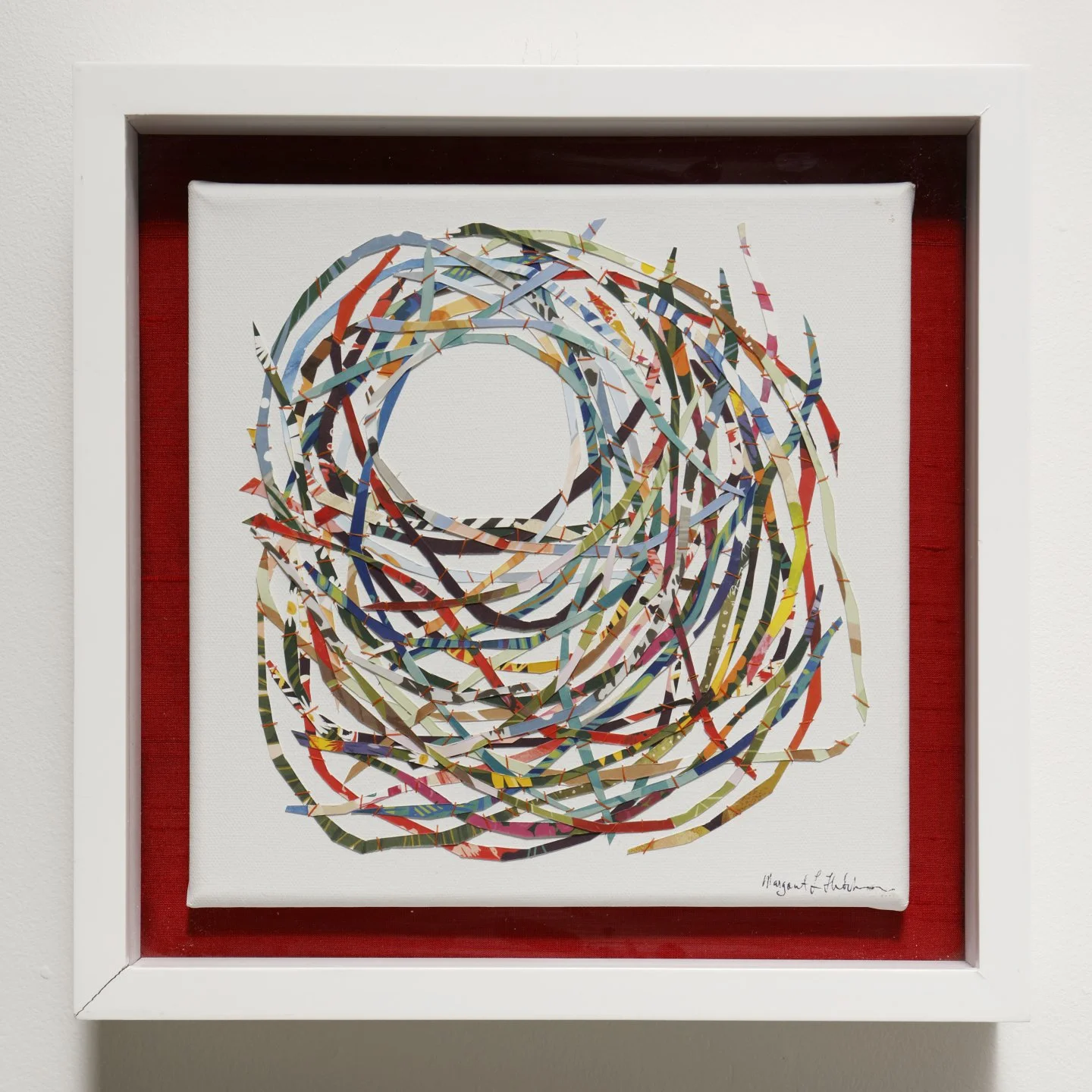    Untitled  , 2025  Sewn paper on silk panel  13 × 13 in. 