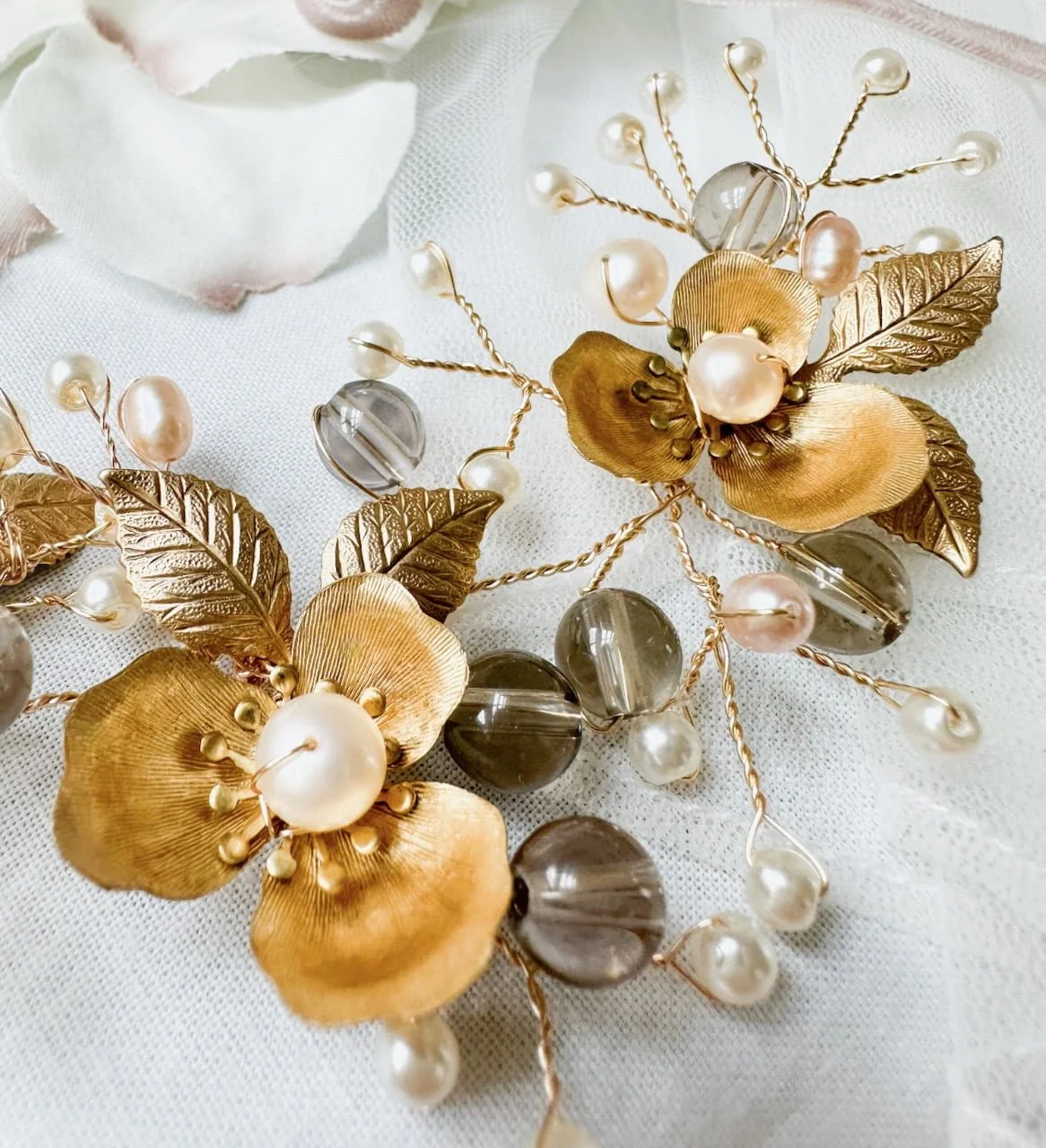 pearl and smoky quartz hairvine for wedding or bridal shower