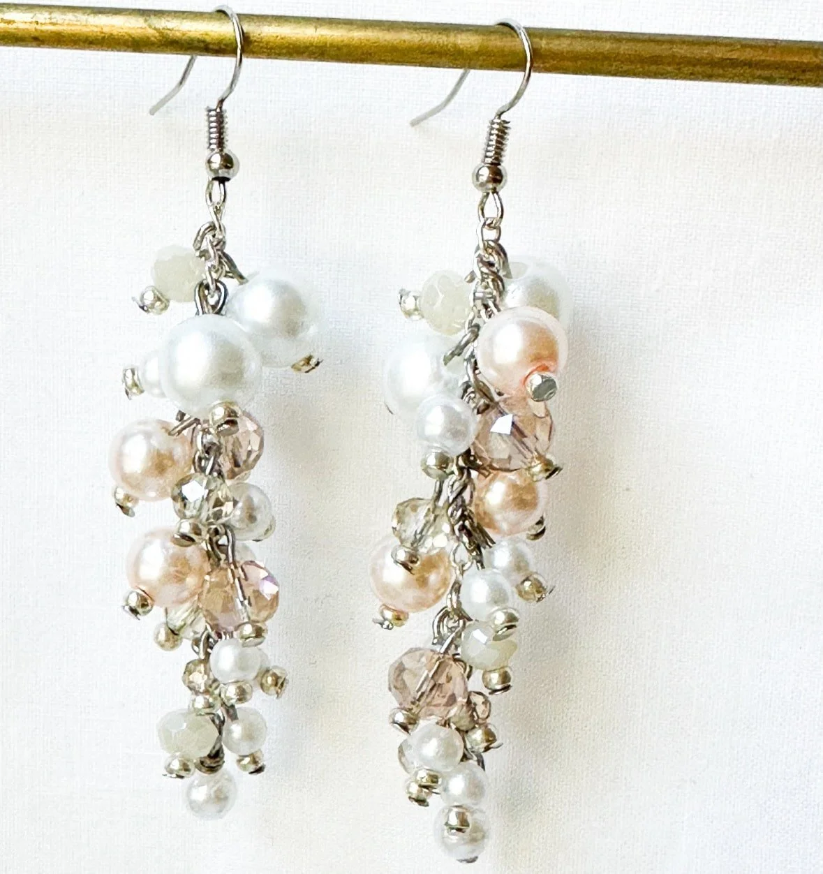 champagne cascade earrings with pearls, pink crystals on silver earwires
