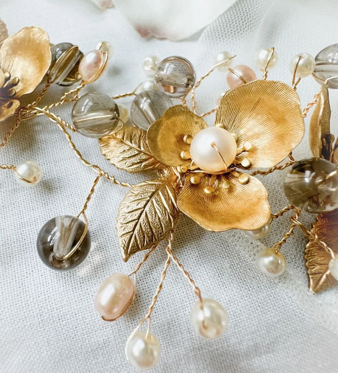 pearl and smoky quartz hairvine for wedding or bridal shower