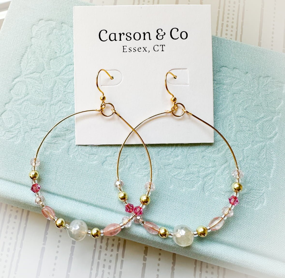 pink shining crystal and gold bead earrings with mystic agate center bead