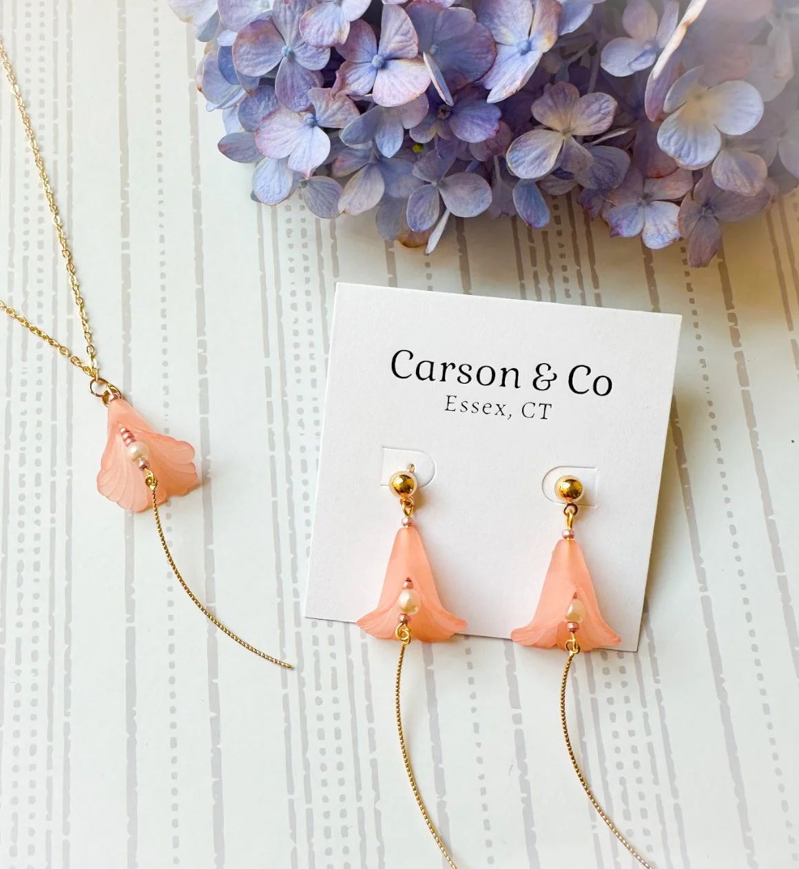 peach colored bellflower earrings and necklace set