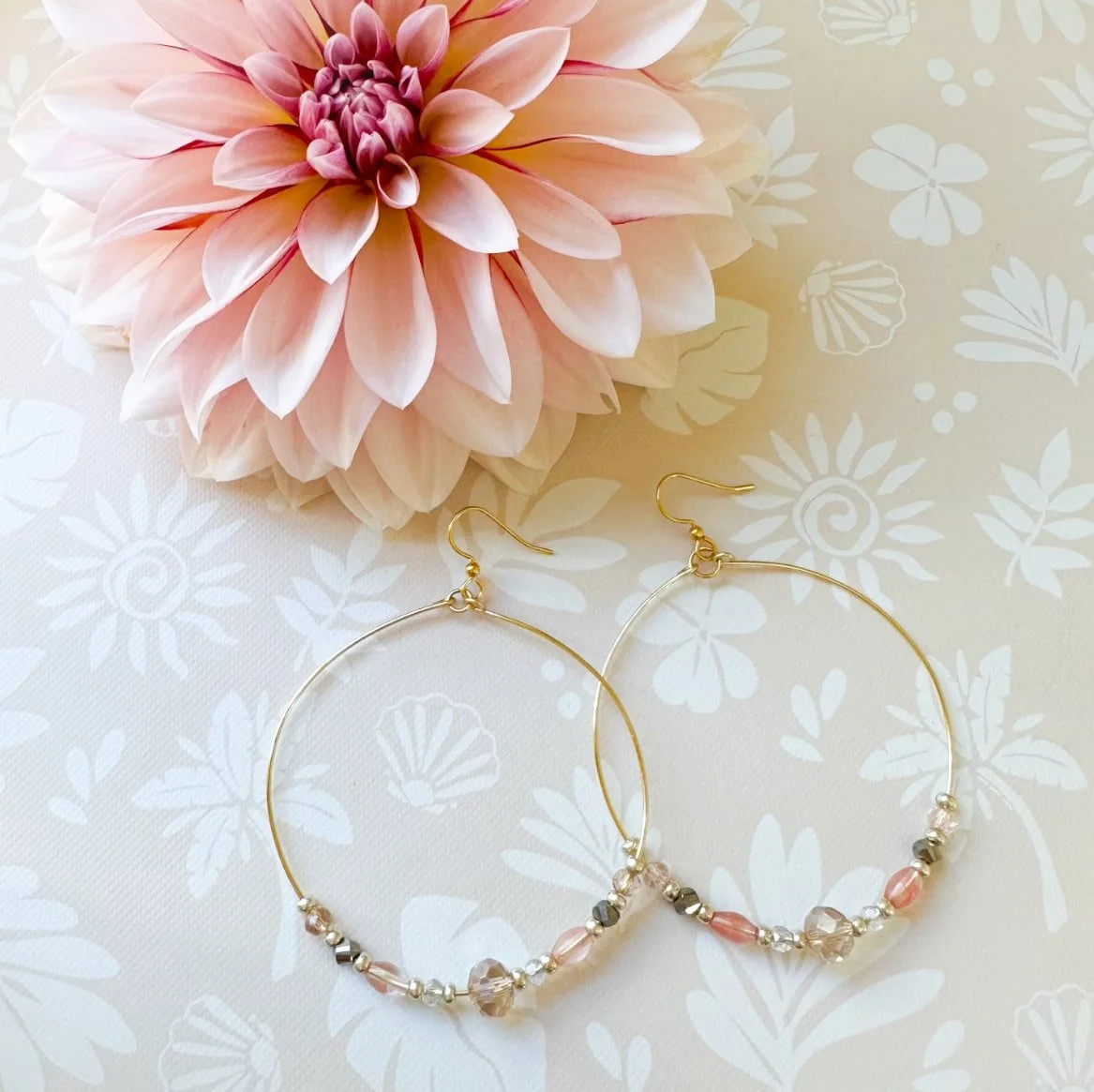 large hoop crystal and pink quartz earrings
