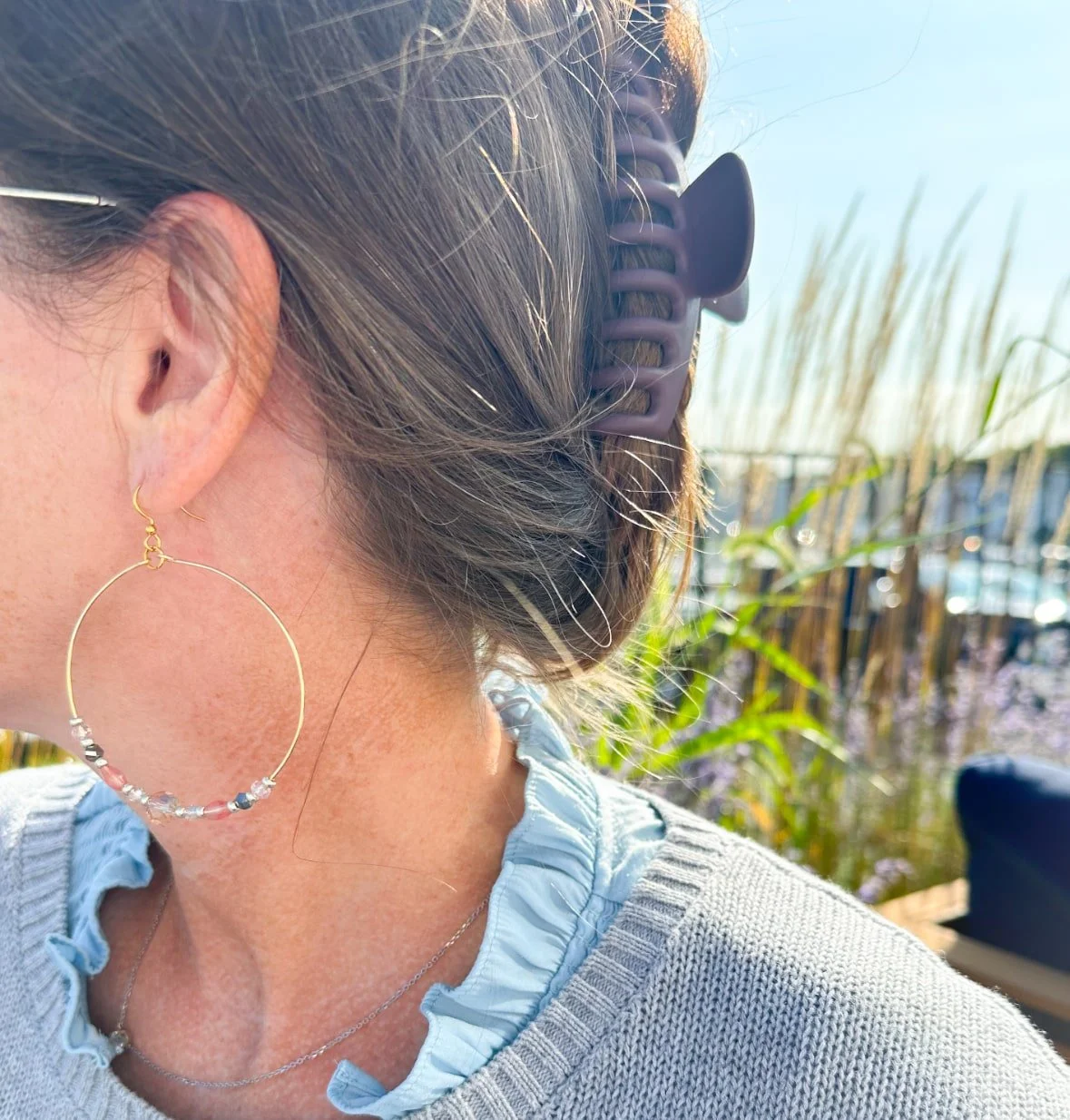 large hoop crystal and pink quartz earrings