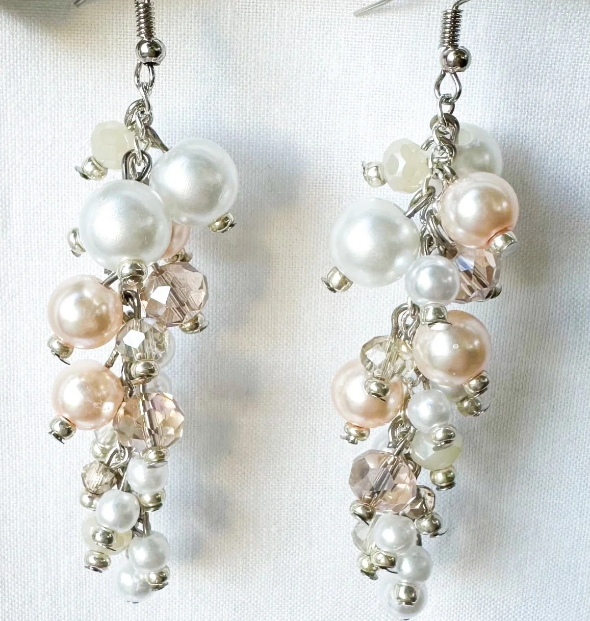 champagne cascade earrings with pearls, pink crystals on silver earwires wedding
