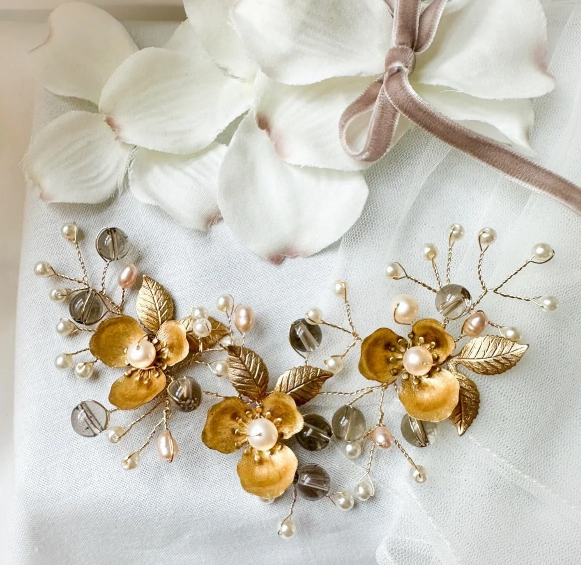 pearl and smoky quartz hairvine for wedding or bridal shower