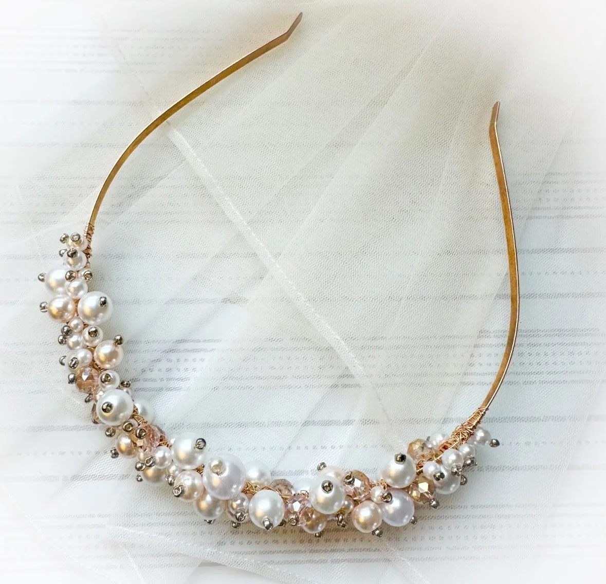 crystal and soft white pearl headband for wedding.