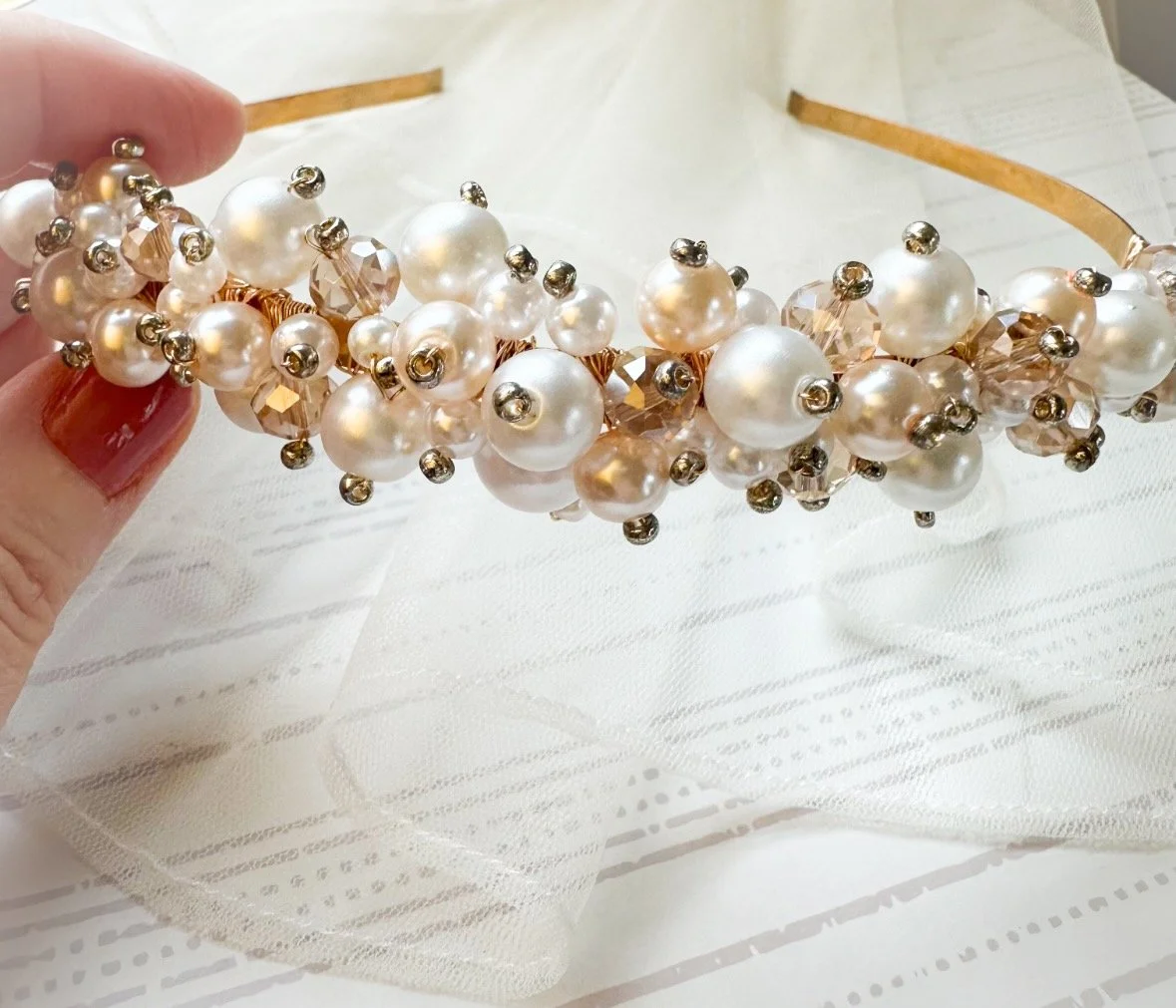 crystal and soft white pearl headband for wedding.