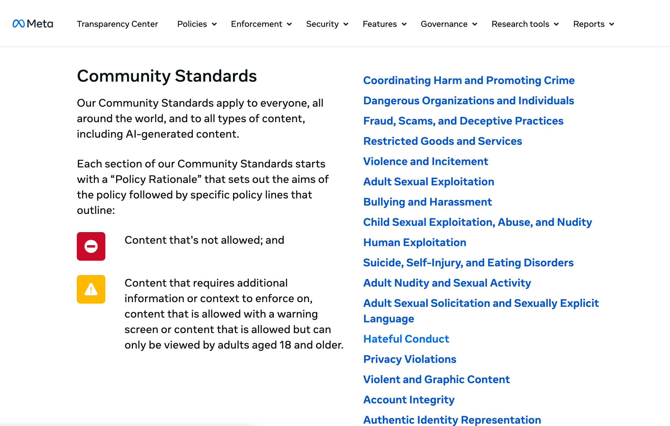 Screenshot of Meta's Community Standards