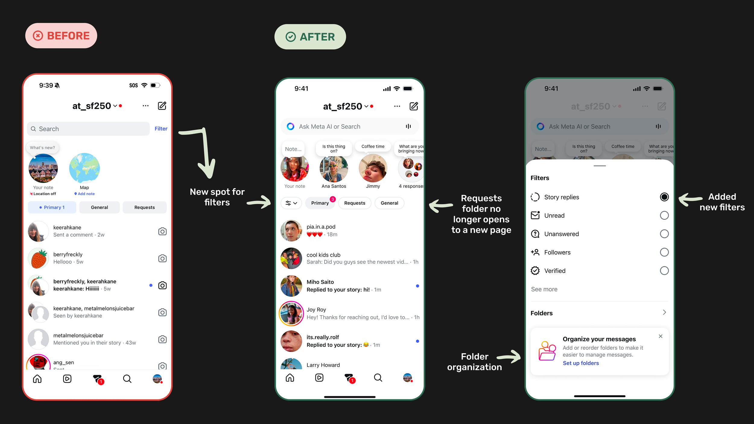 Before and after mocks of Instagram inbox changes