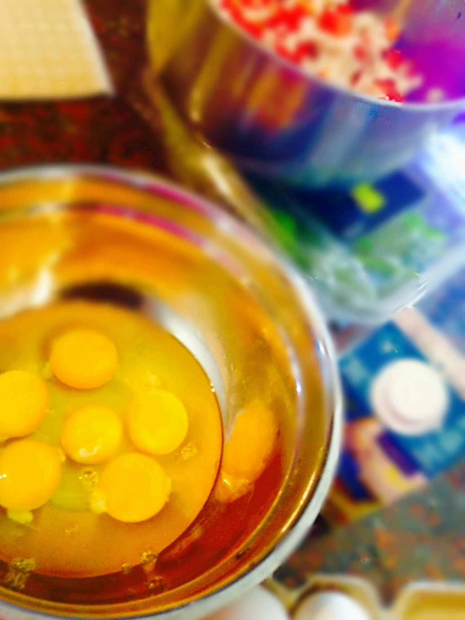 Eggs on the go - prepping the egg mixture and the chopped ingredients in the background